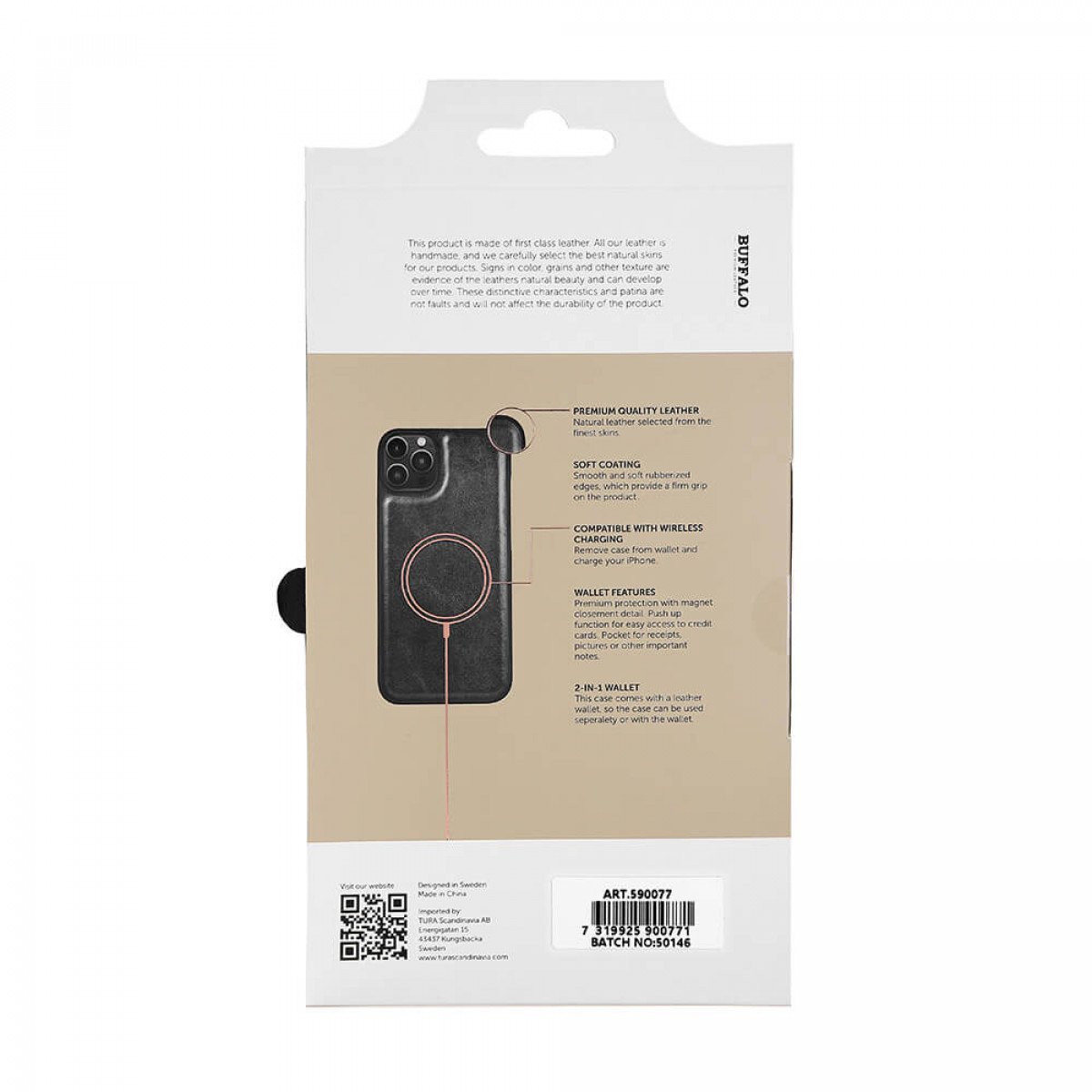 Eine schwarze Handyhülle mit Geldbörse. Die Verpackung zeigt Produktdetails mit Text.