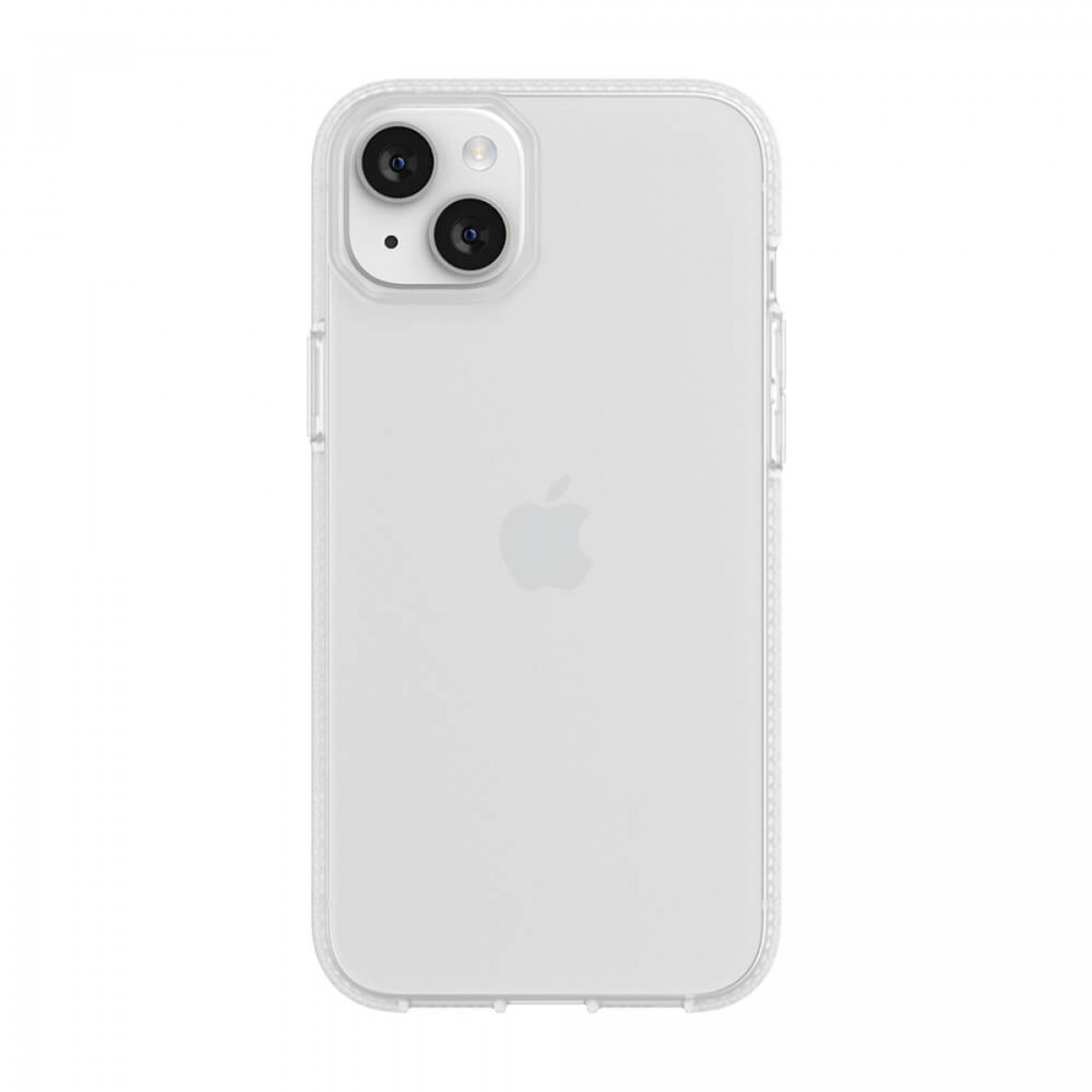 Transparente Handyhülle auf weißem iPhone, Rückseite, Kamera und Logo sichtbar.