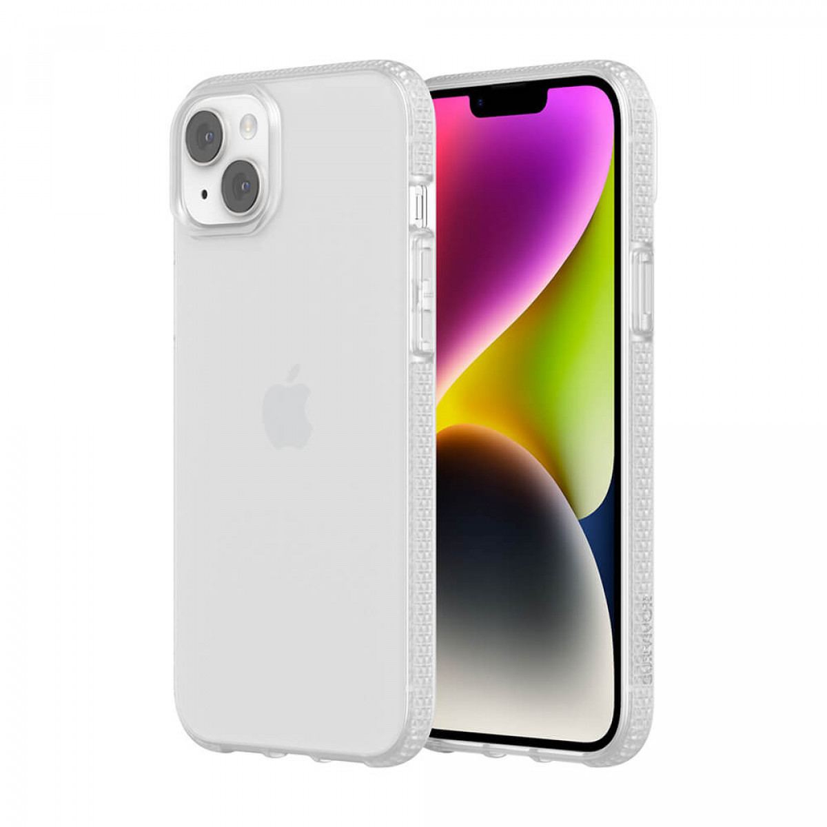 Zwei Handyhüllen, eine auf dem Telefon. Transparente Hülle mit Apple-Logo.