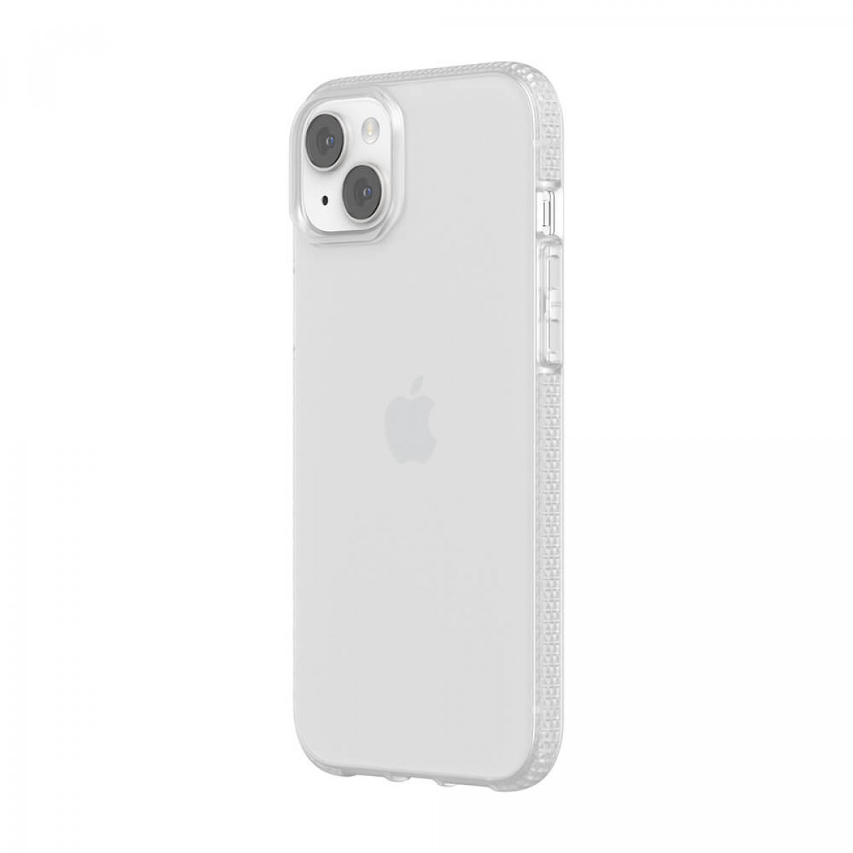 Transparente iPhone-Hülle mit dem Apple-Logo. Es hat zwei Kameras und eine transparente Textur.