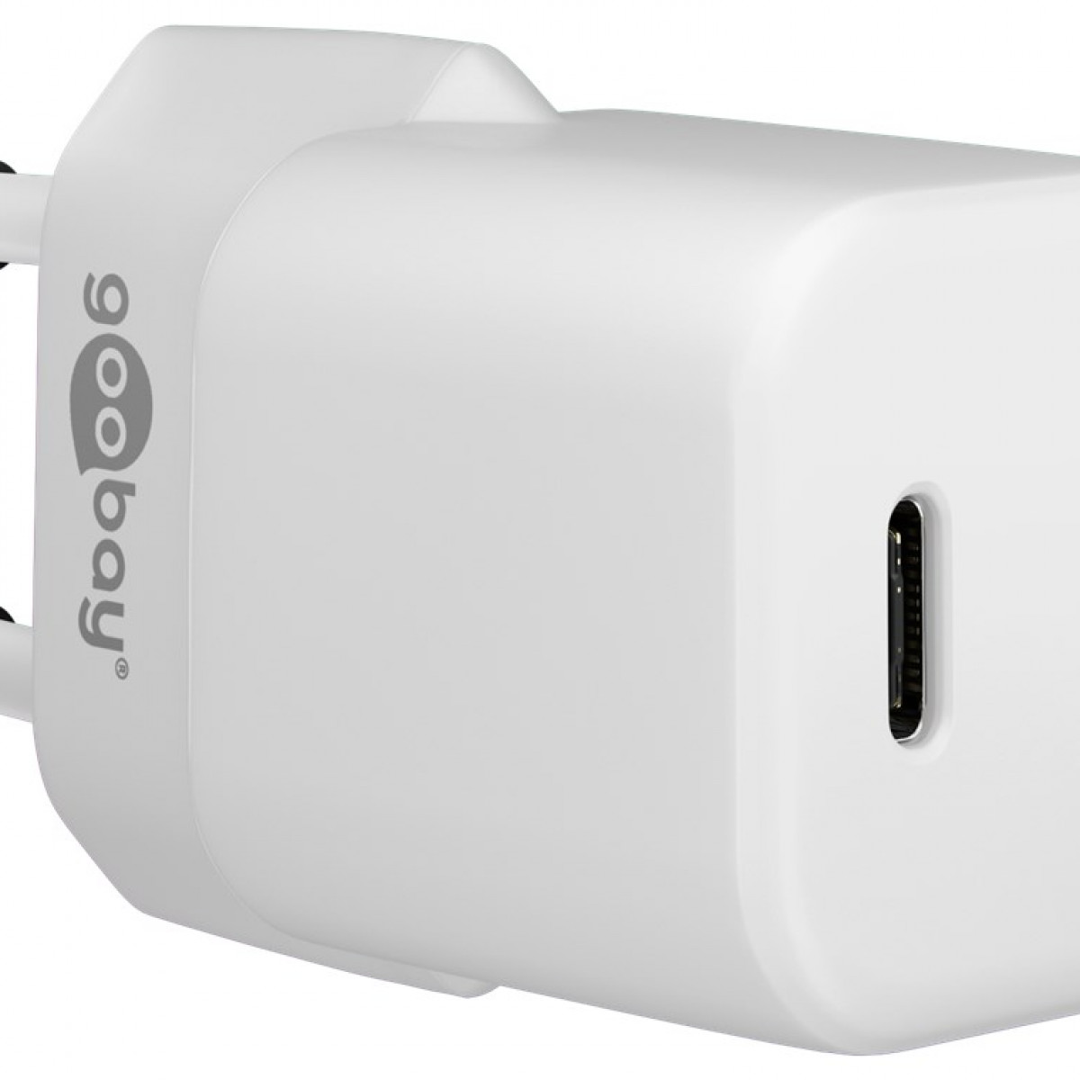 Weißes USB-C-Ladegerät mit dem Markennamen 'goobay' an der Seite.