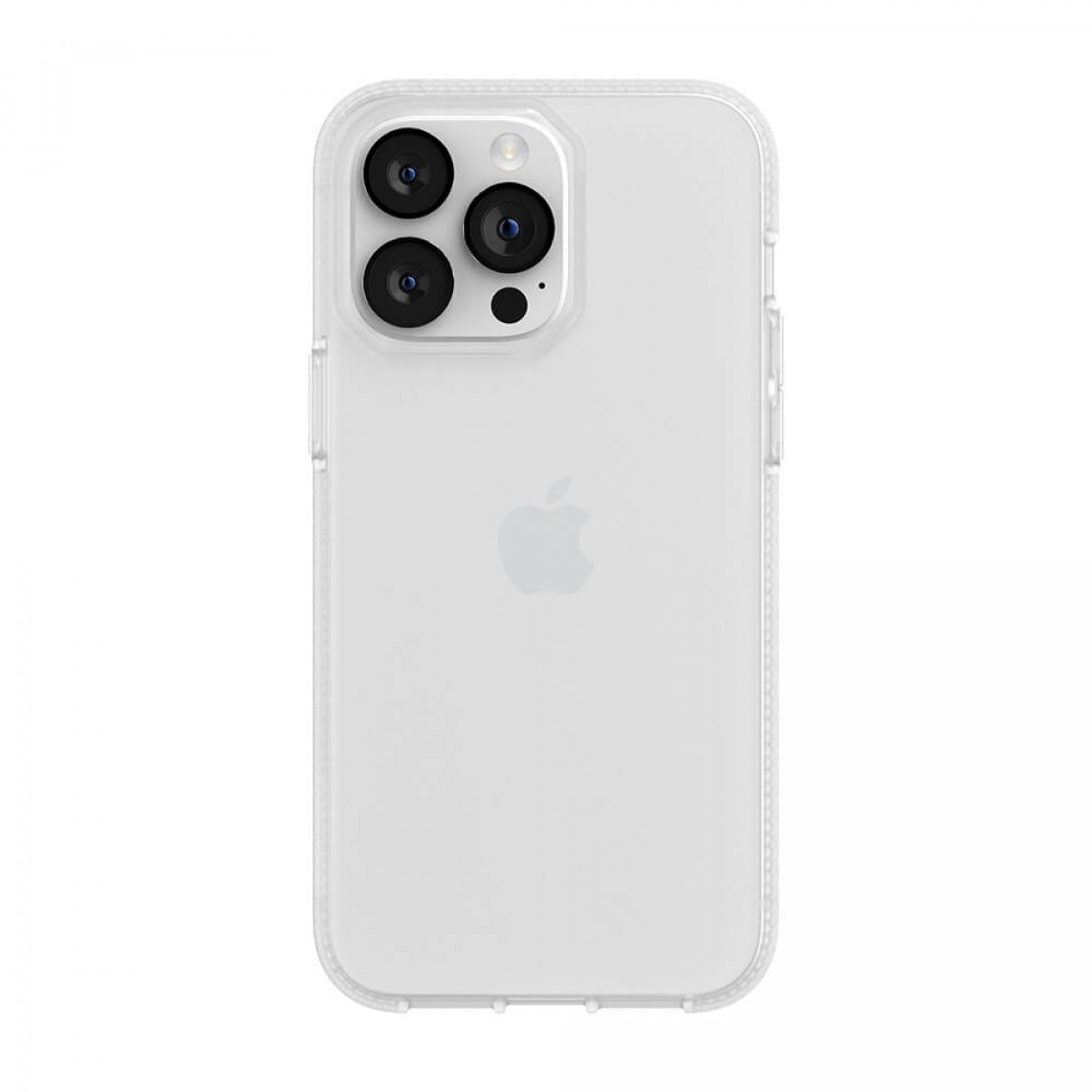 Eine transparente iPhone-Hülle mit Dreifach-Objektiv und Apple-Logo.