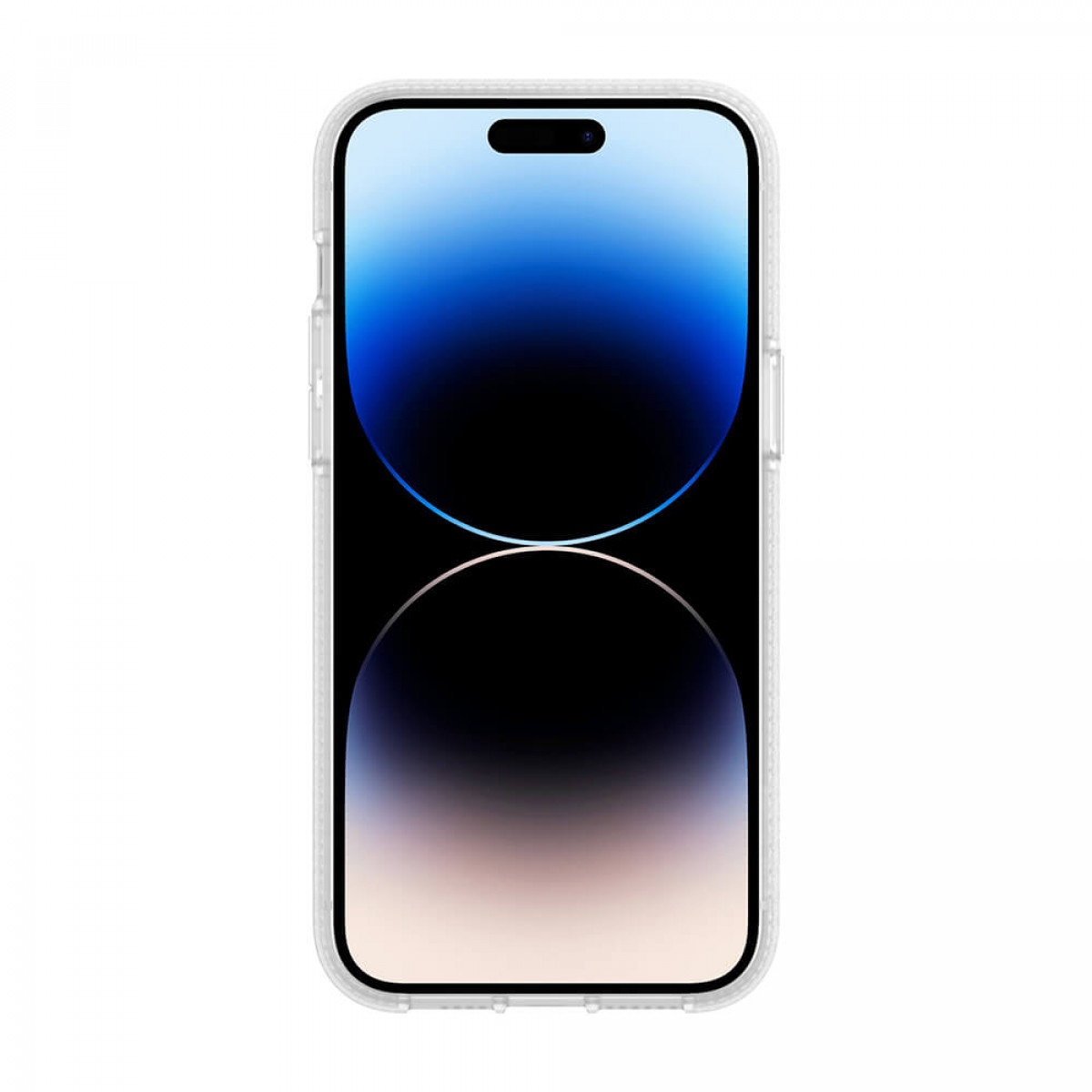 Ein Smartphone in einer durchsichtigen Hülle, das einen blau-weißen Farbverlauf zeigt.