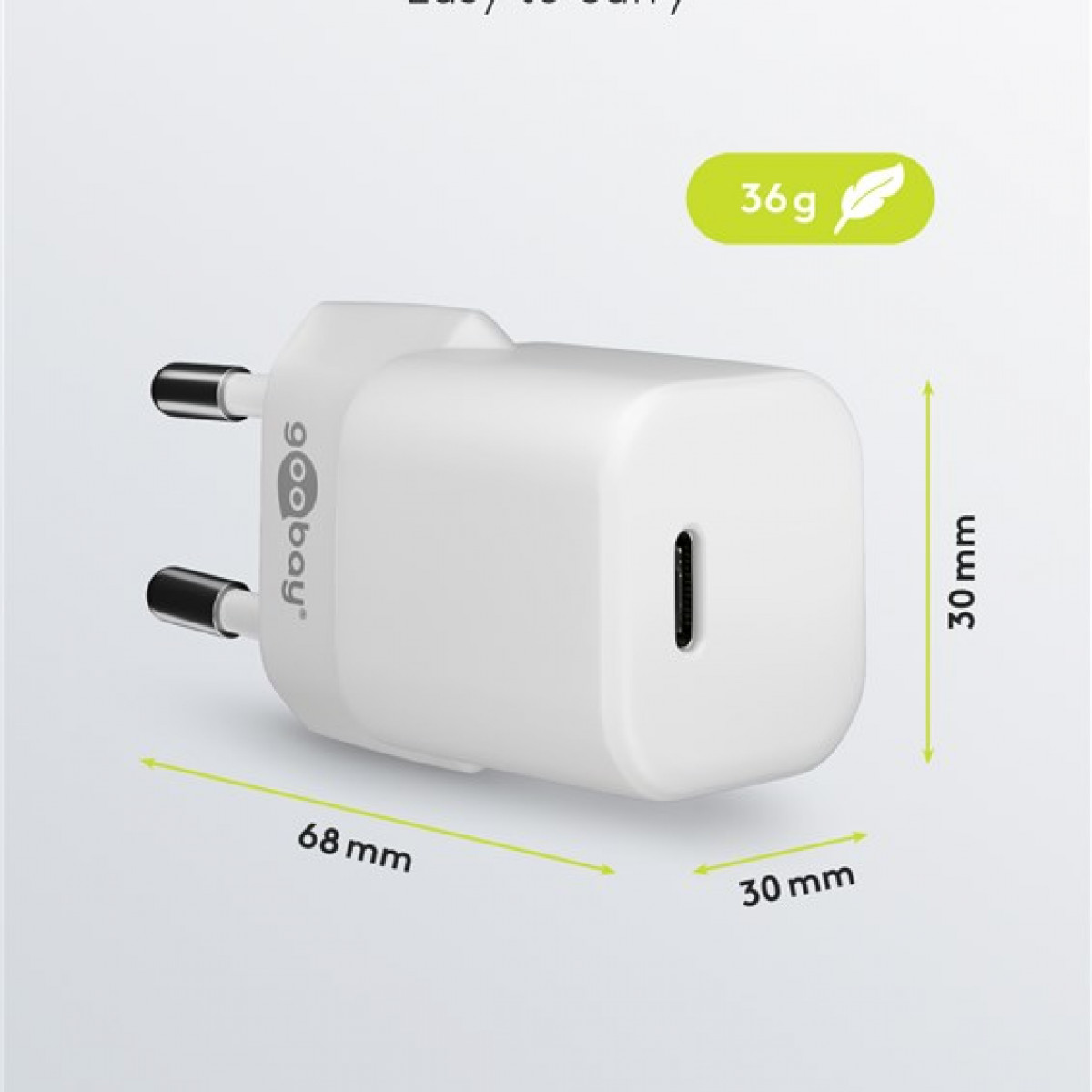 Weißes USB-Ladegerät mit Abmessungen und Gewicht, auf weißem Hintergrund.