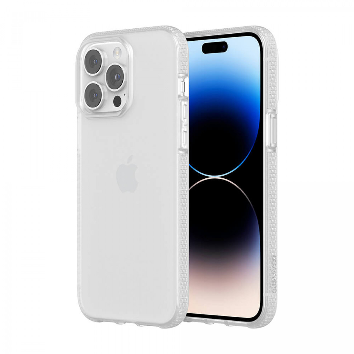 Transparente Handyhülle mit iPhone. Zeigt Kamera und Bildschirm des Telefons.