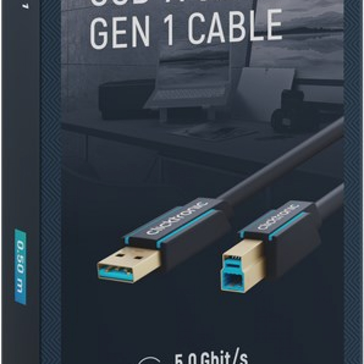 Ein schwarzes USB 3.0-Kabel mit blauen Akzenten auf einem Karton.