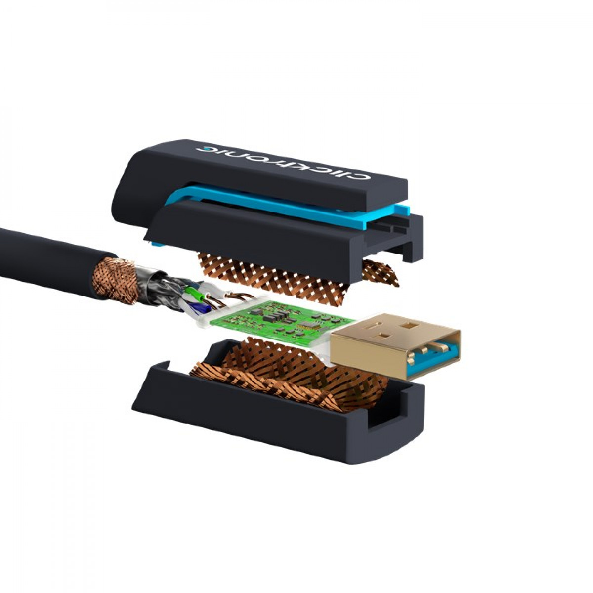 Schnittansicht eines USB-Kabels mit freigelegten Drähten, Platine und goldenem Stecker.