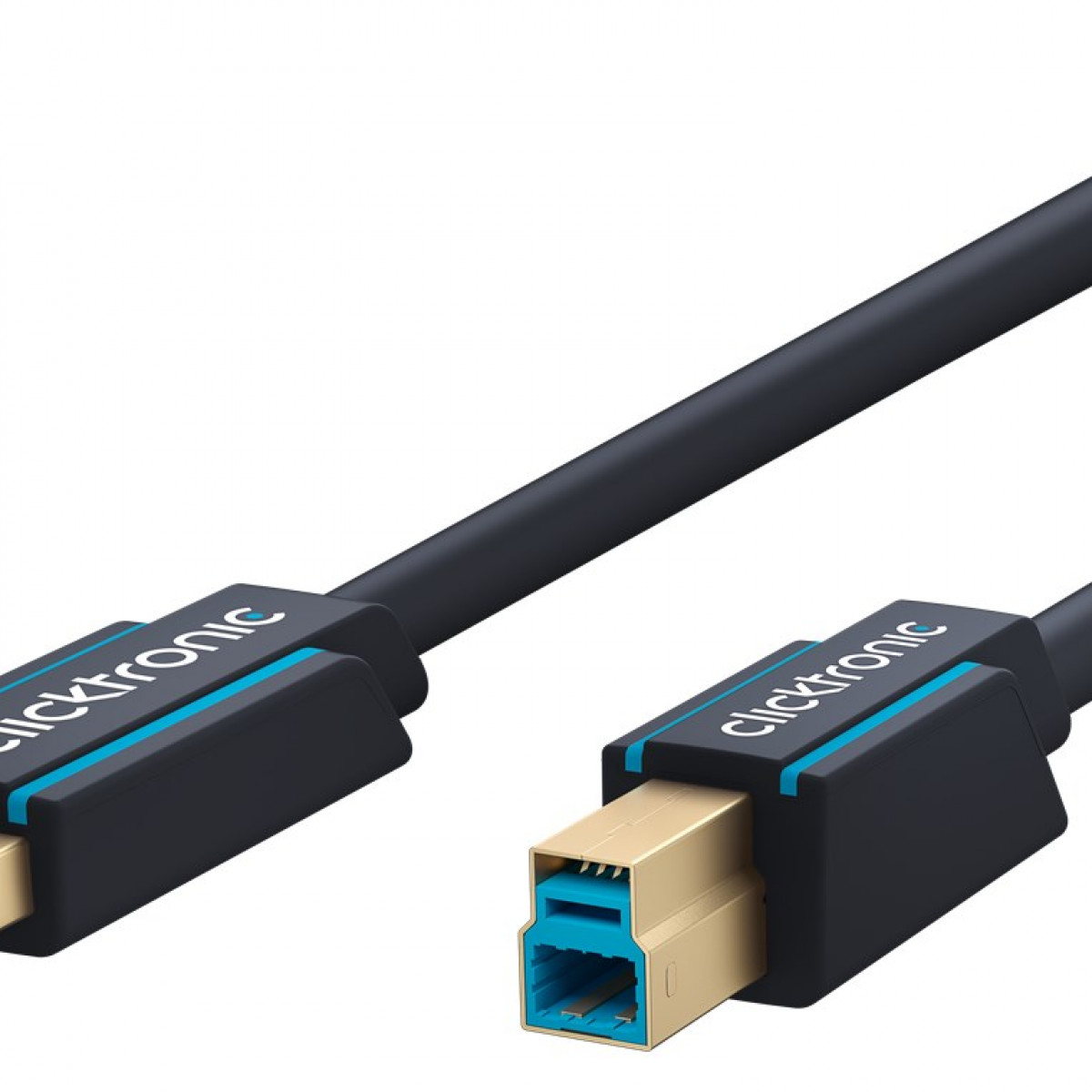 Ein schwarzes Kabel mit goldenen Steckern und blauen Einsätzen.