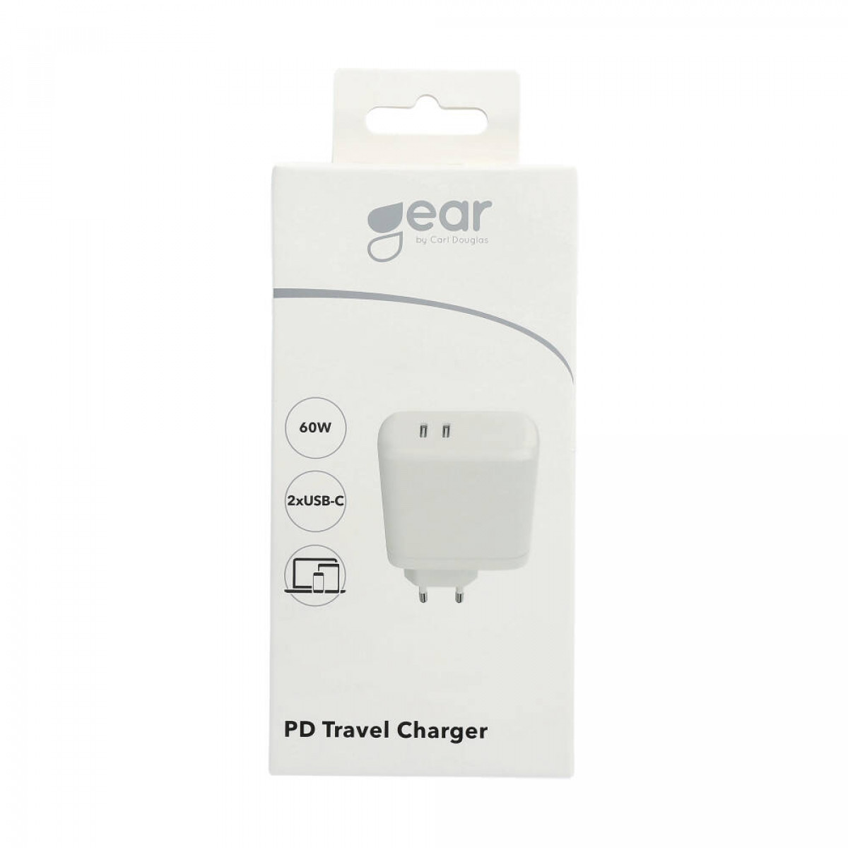 Weiße PD Travel Charger Box. 60W, 2xUSB-C-Anschlüsse. Weißes Ladegerät innen.
