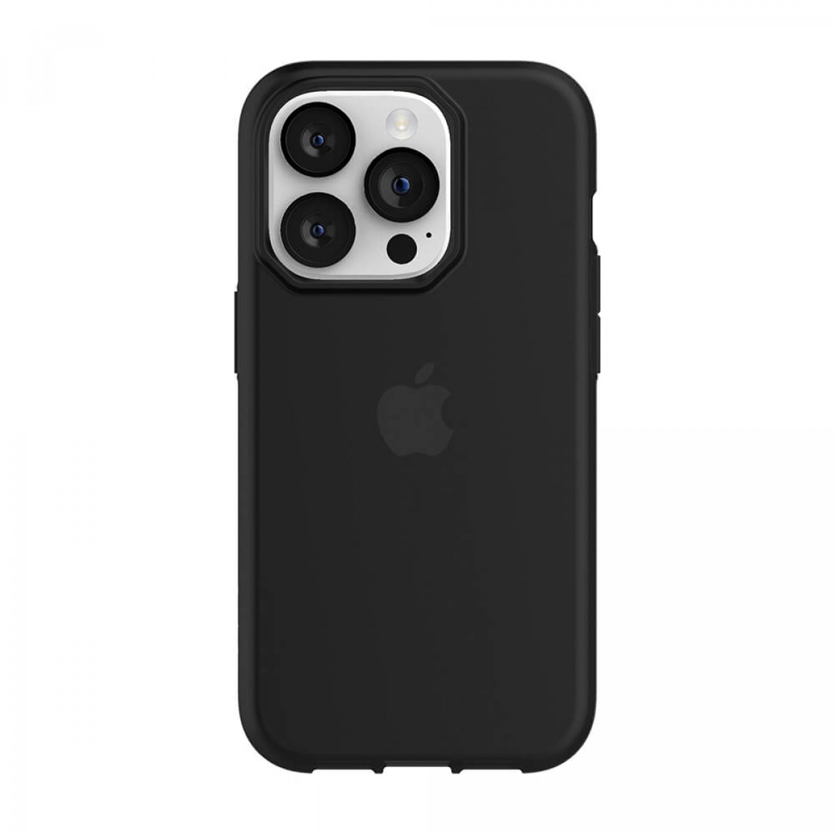 Eine schwarze Handyhülle mit vier Kameraausschnitten und dem Apple-Logo.