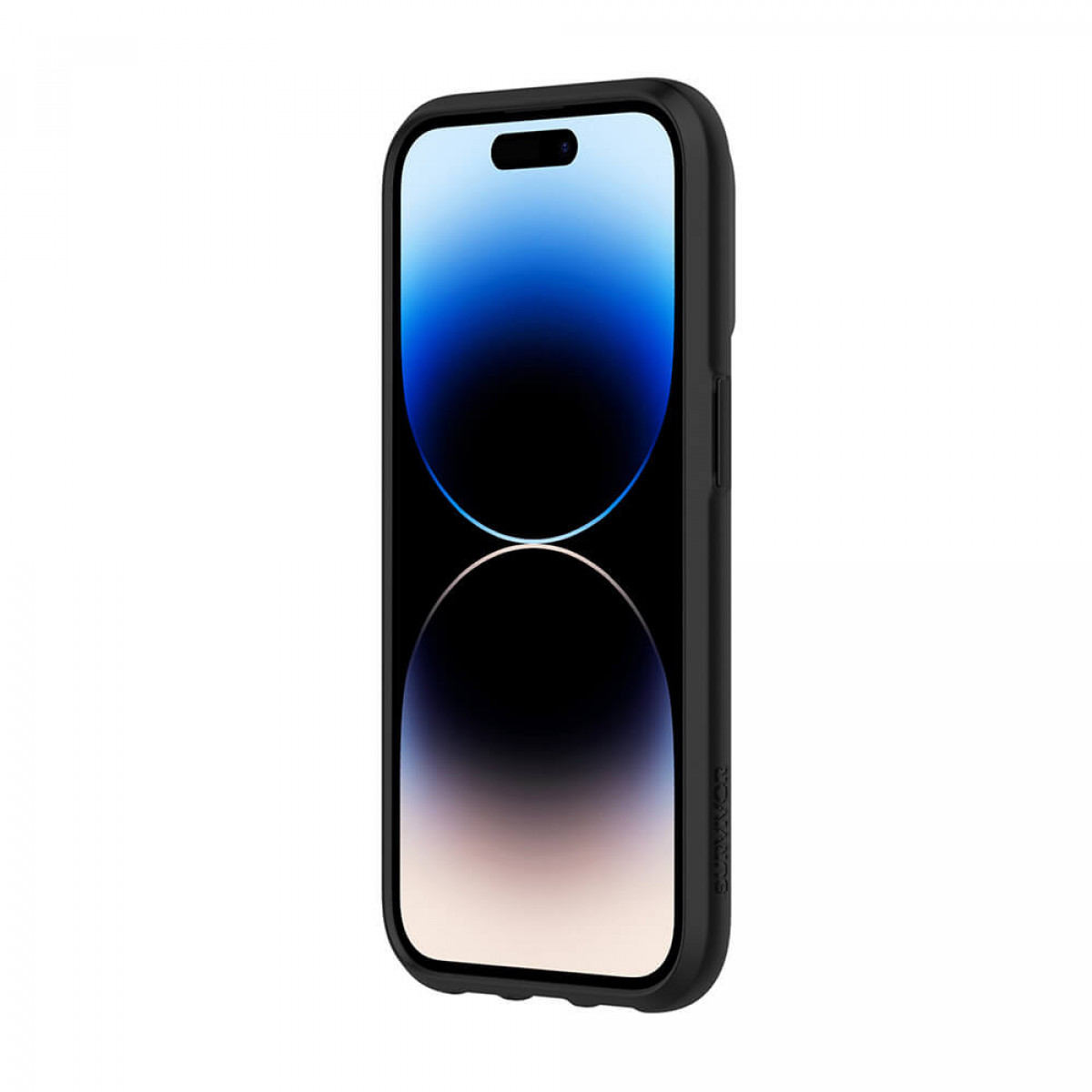 Schwarze Handyhülle auf einem Telefon, mit einem Bildschirm, der einen blau-weißen Farbverlauf zeigt.