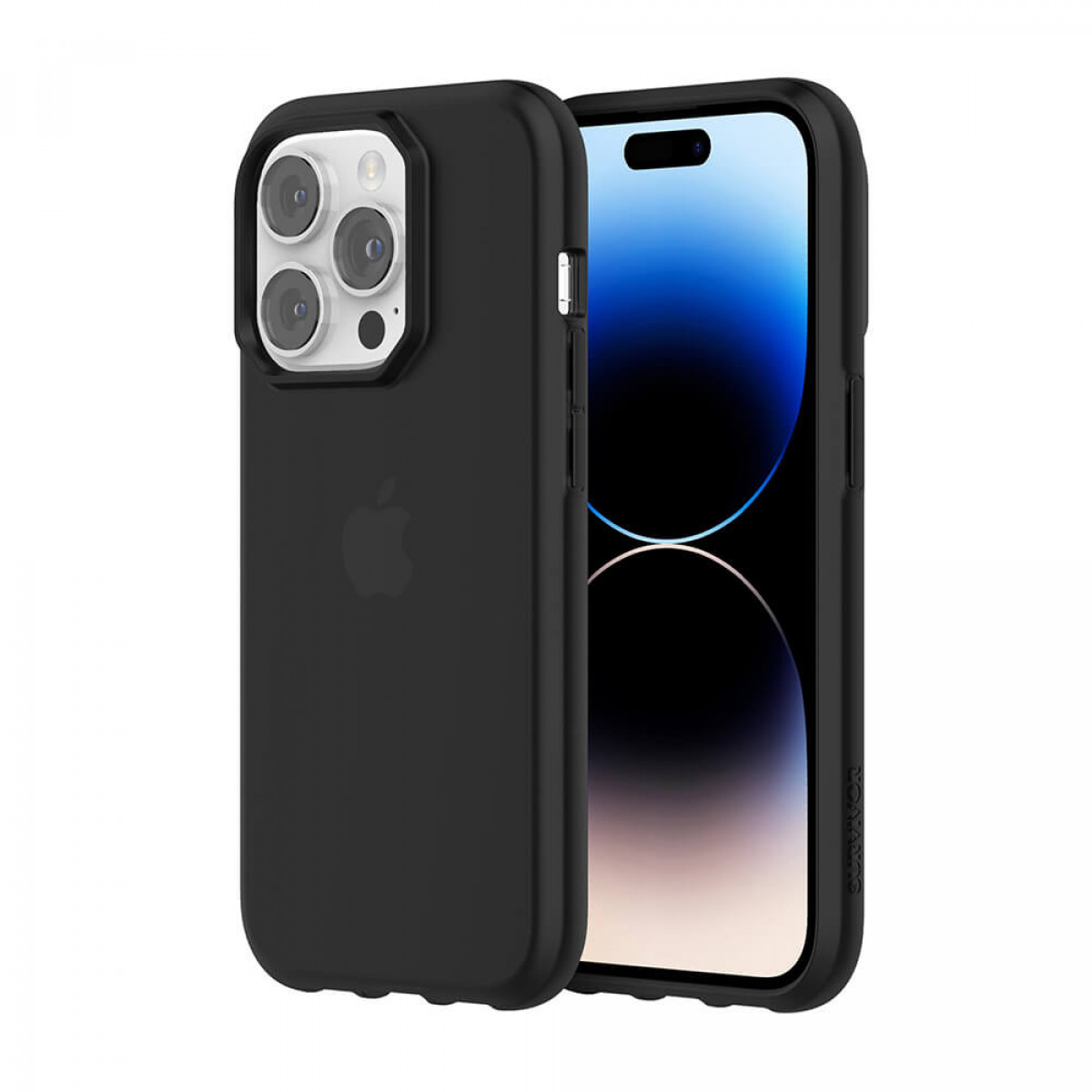 Schwarze iPhone-Hülle mit Apple-Logo. Das Telefon ist sichtbar und zeigt den Bildschirm. Die Hülle ist schützend.