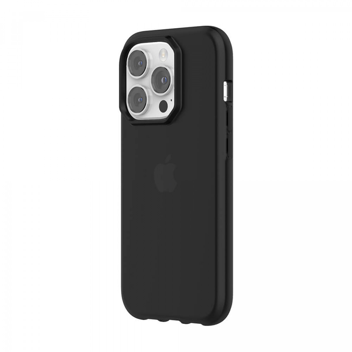Schwarze Handyhülle auf weißem Hintergrund, Kamera und Apple-Logo sichtbar.