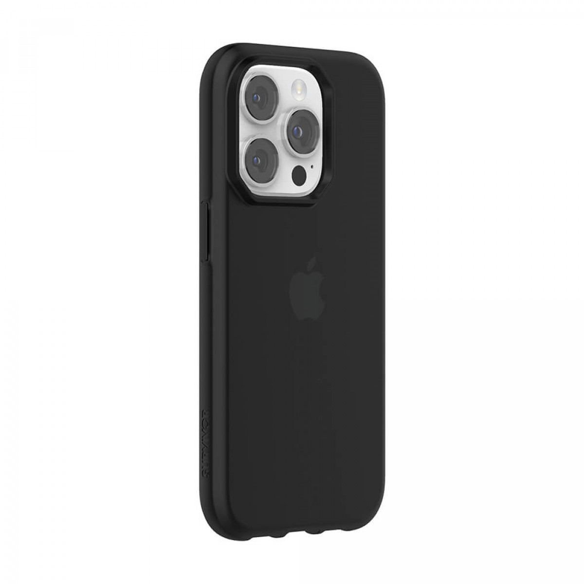 Eine schwarze Handyhülle mit Kameraausschnitten und Apple-Logo auf weißem Hintergrund.