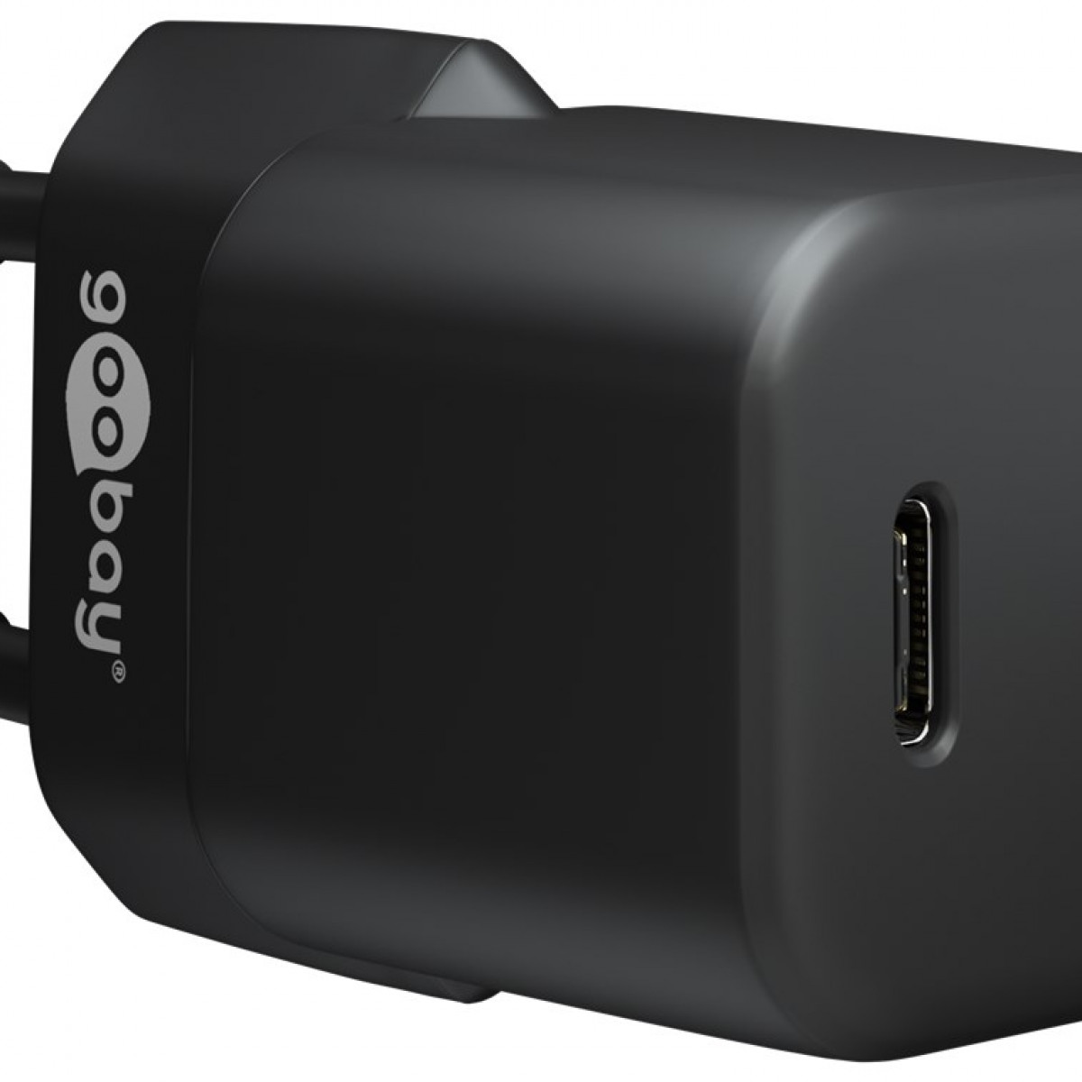 Ein schwarzes goobay USB-C-Ladegerät mit dem Logo links.