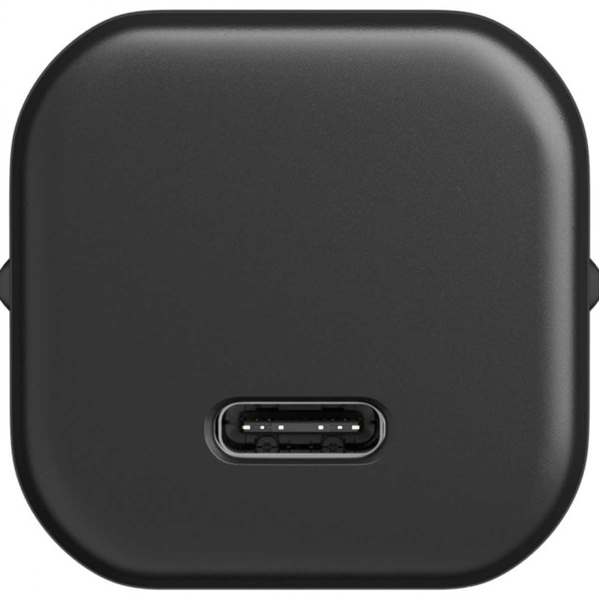 Schwarzes quadratisches Ladegerät mit USB-C-Anschluss.