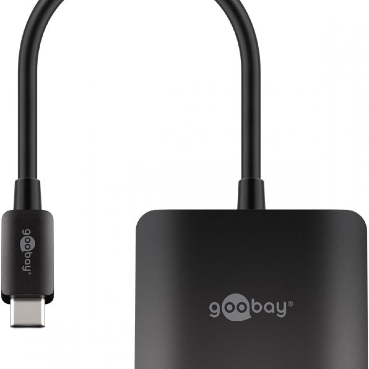 Schwarzer USB-C-Adapter mit Kabel. Der Adapter hat das goobay-Logo. Weißer Hintergrund.