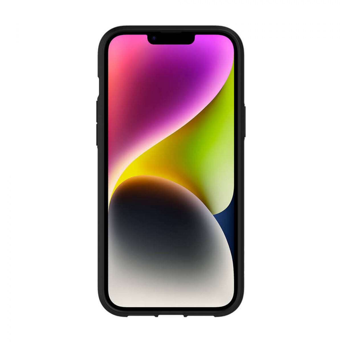 Schwarzes iPhone mit farbenfrohem Display, das den Bildschirm des Telefons in einer Hülle zeigt.