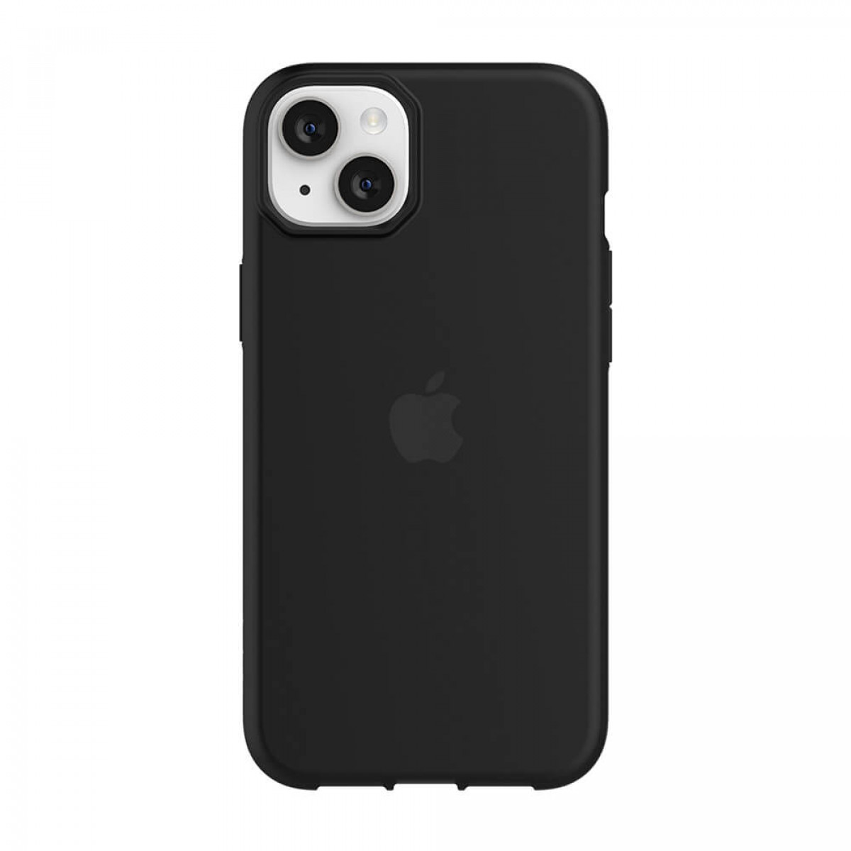 Schwarzes iPhone mit schwarzer Hülle. Auf der Rückseite sind das Apple-Logo und Kameralinsen zu sehen.