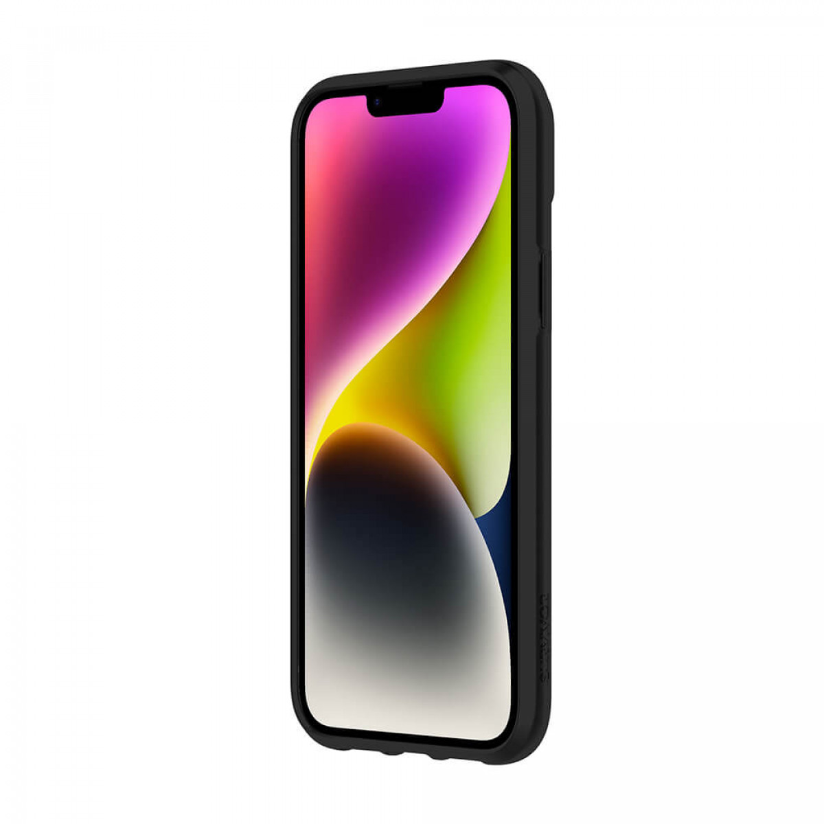 Schwarze Handyhülle mit Telefon. Das Telefon hat einen farbenfrohen Bildschirm.