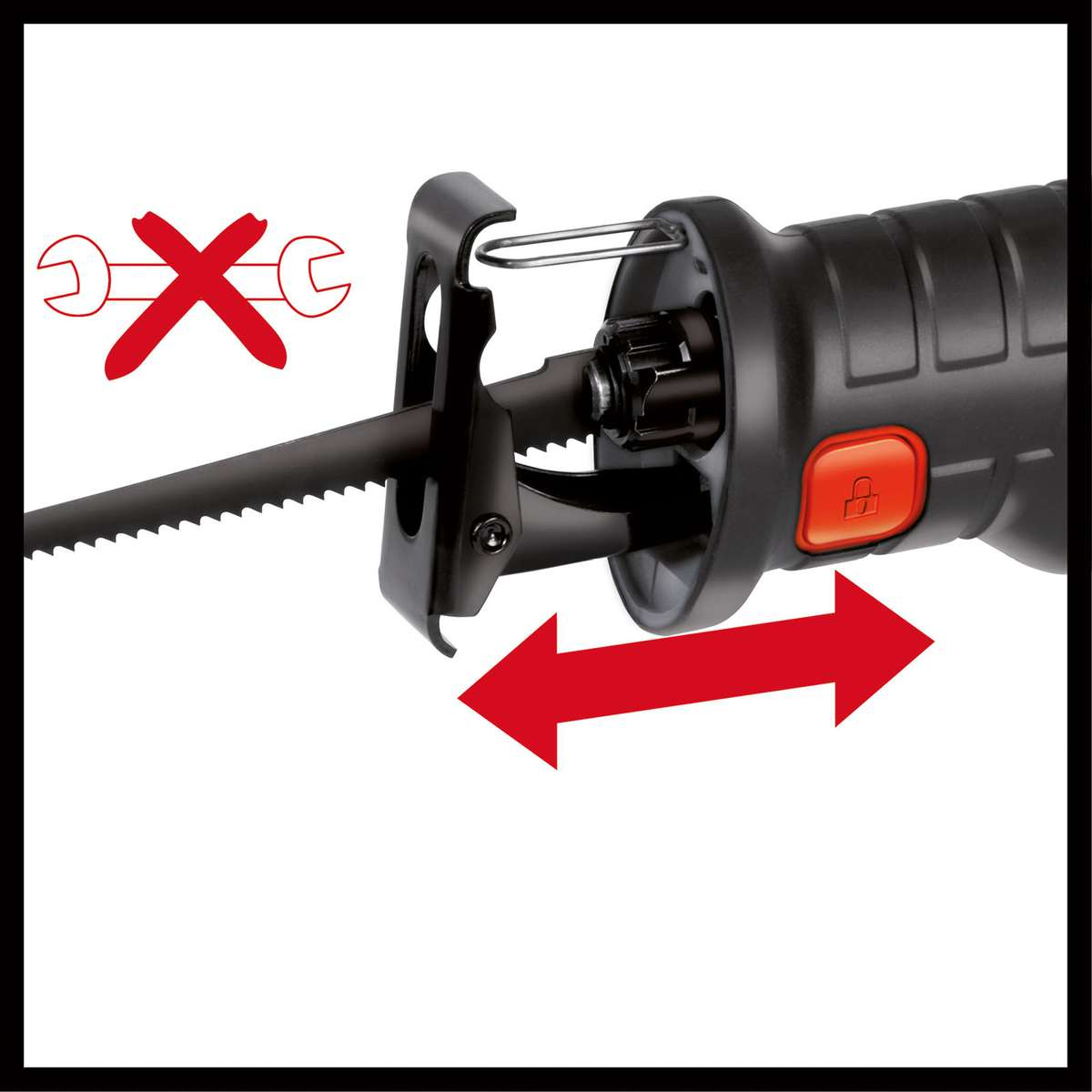 Eine schwarze und rote Säge mit einem roten X-Symbol über einem Schraubenschlüsselsymbol. Es gibt zwei rote Pfeile.