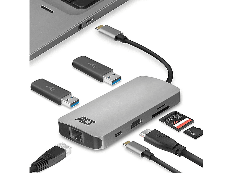 ACT AC7041 Hub, Grau 4K Multiport, USB
