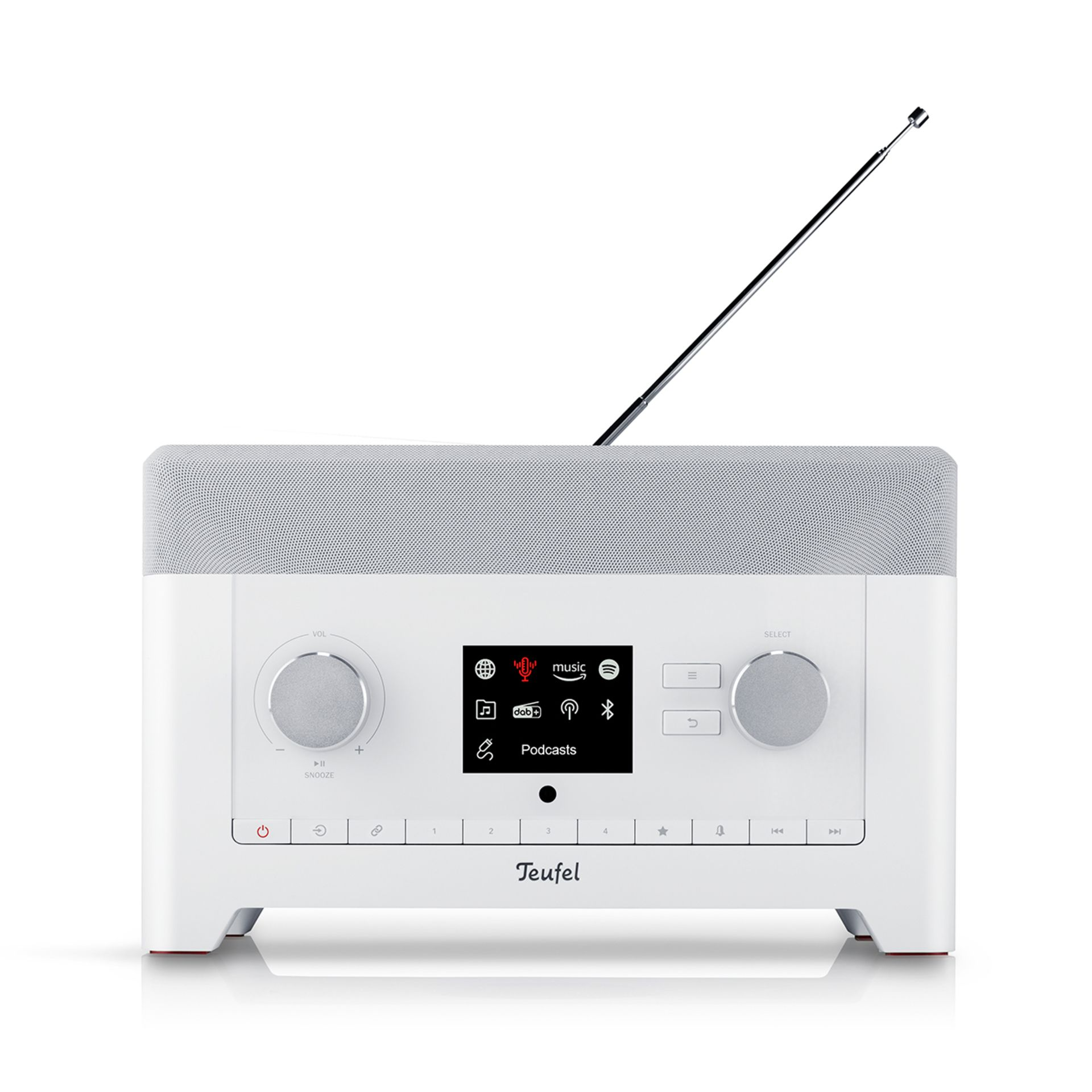 Witte radio met scherm, knoppen en antenne. Het scherm toont muziek- en podcast-iconen.