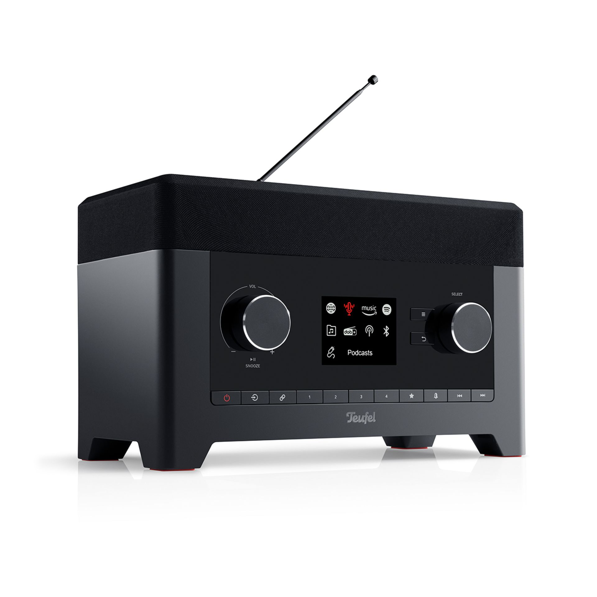 Zwarte radio met bediening, display en antenne, op een witte achtergrond.