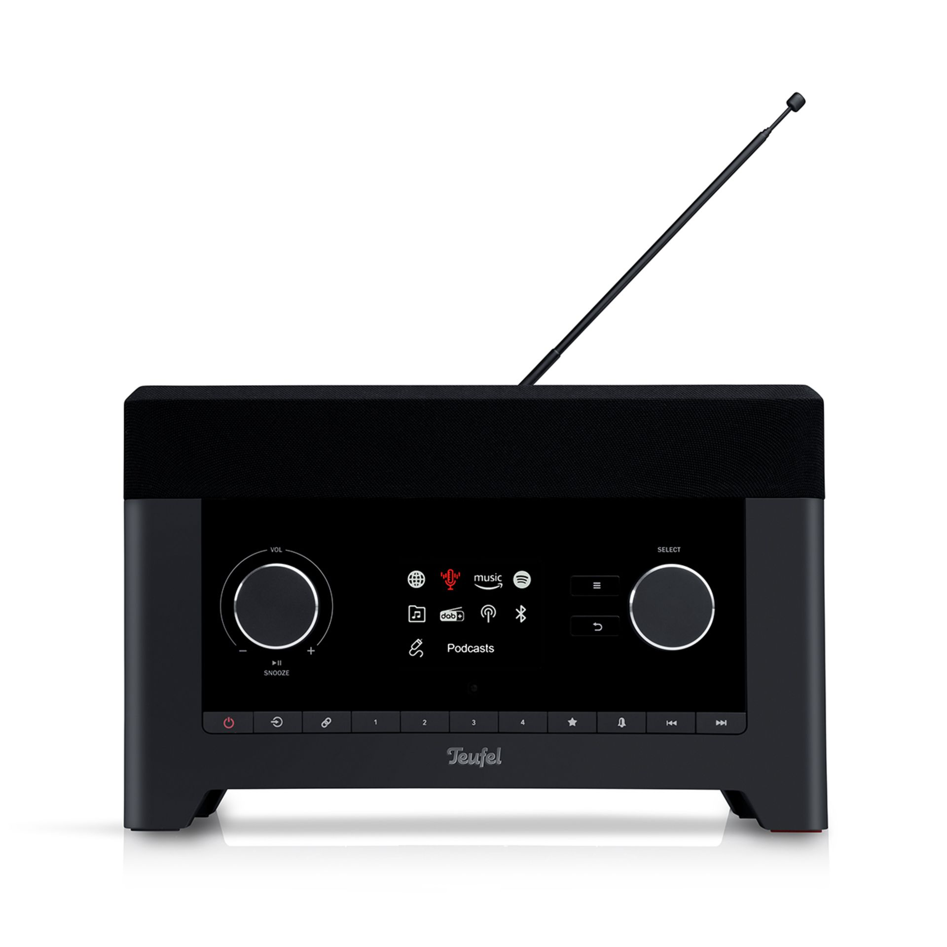 Zwarte radio met display, knoppen en antenne, Teufel logo.