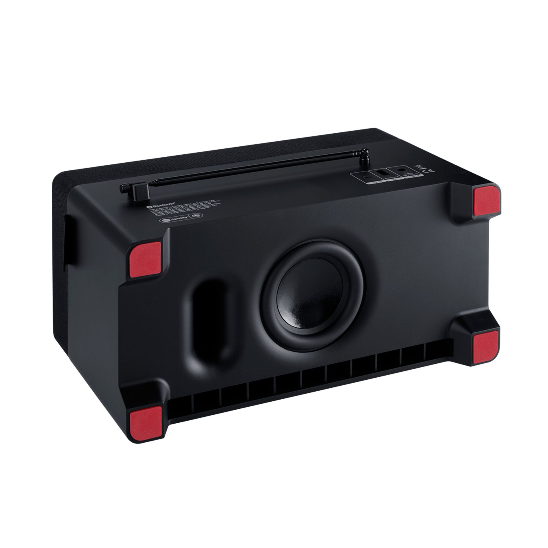 Zwarte subwoofer met rode poten, met de achterkant en een centrale luidspreker.