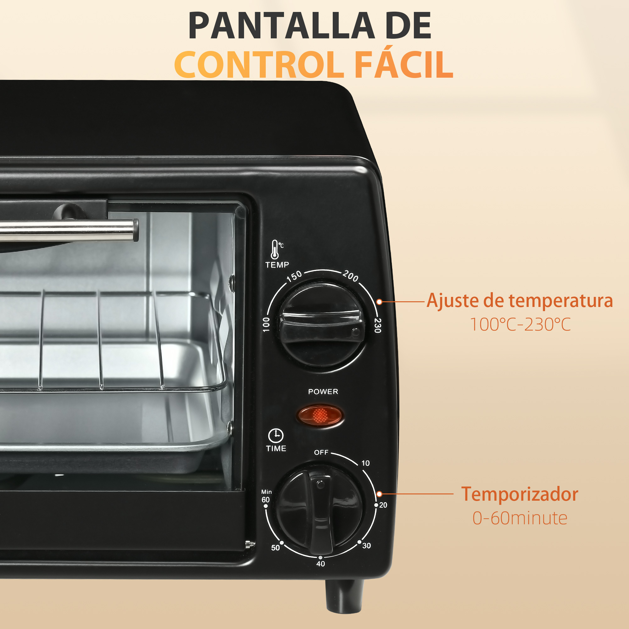 Primer plano del panel de control de un horno tostador negro. Tiene diales de temperatura y temporizador.
