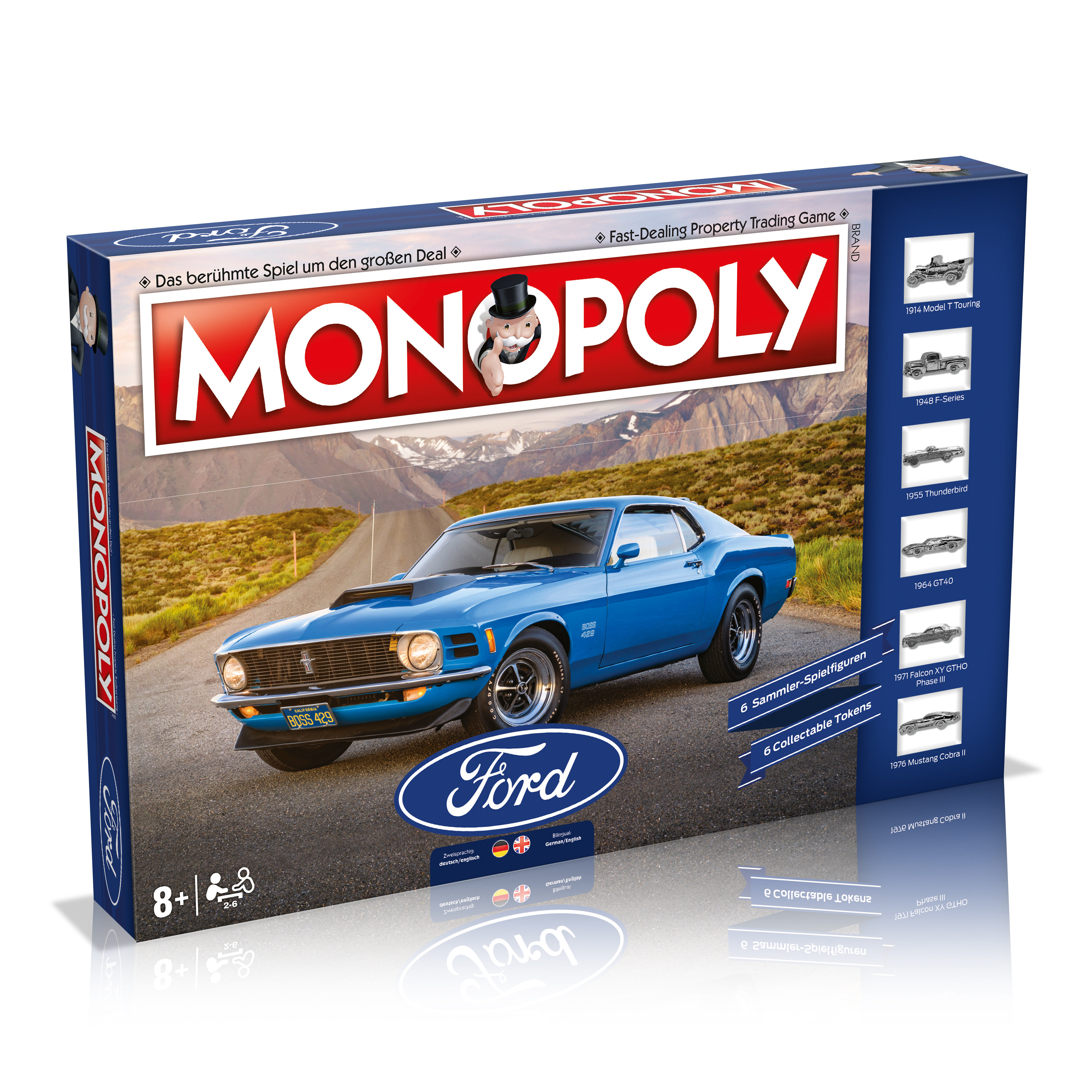 Monopoly-Brettspielbox mit einem blauen Ford Mustang auf der Vorderseite. Enthält Spielsteine und andere Autos.