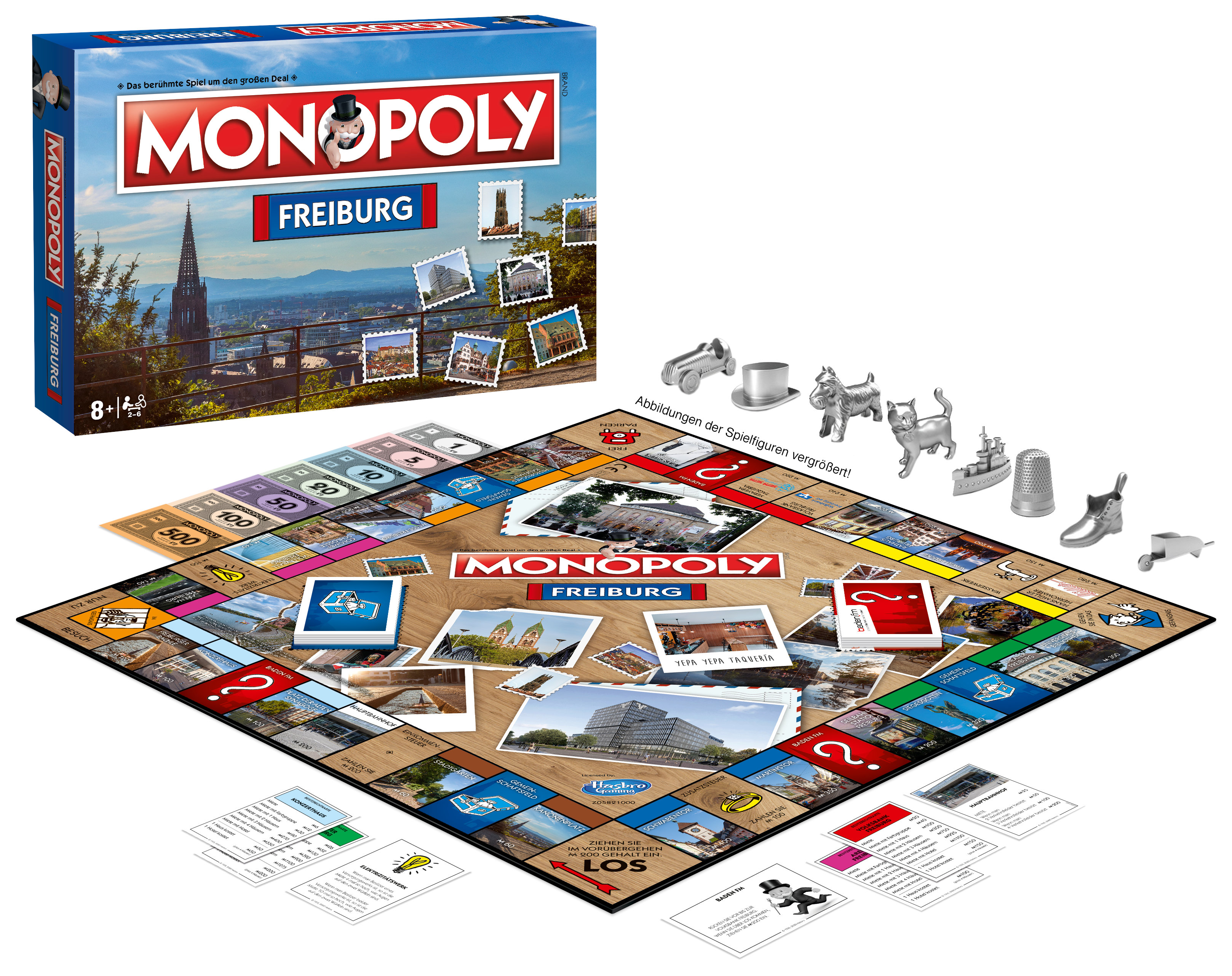 Monopoly-Brettspiel, Freiburg-Edition, mit Schachtel, Spielbrett und Spielfiguren.