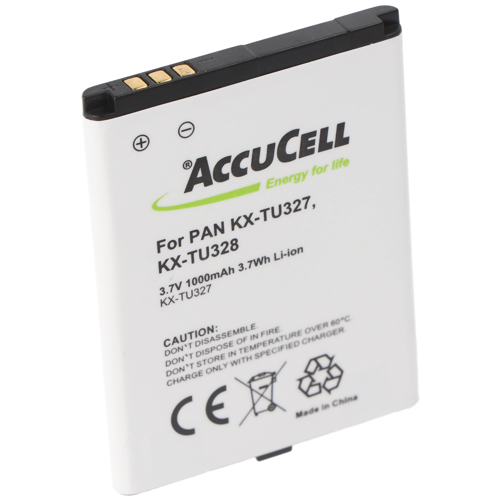 Witte batterij met zwarte tekst, inclusief het AccuCell-logo en technische specificaties.