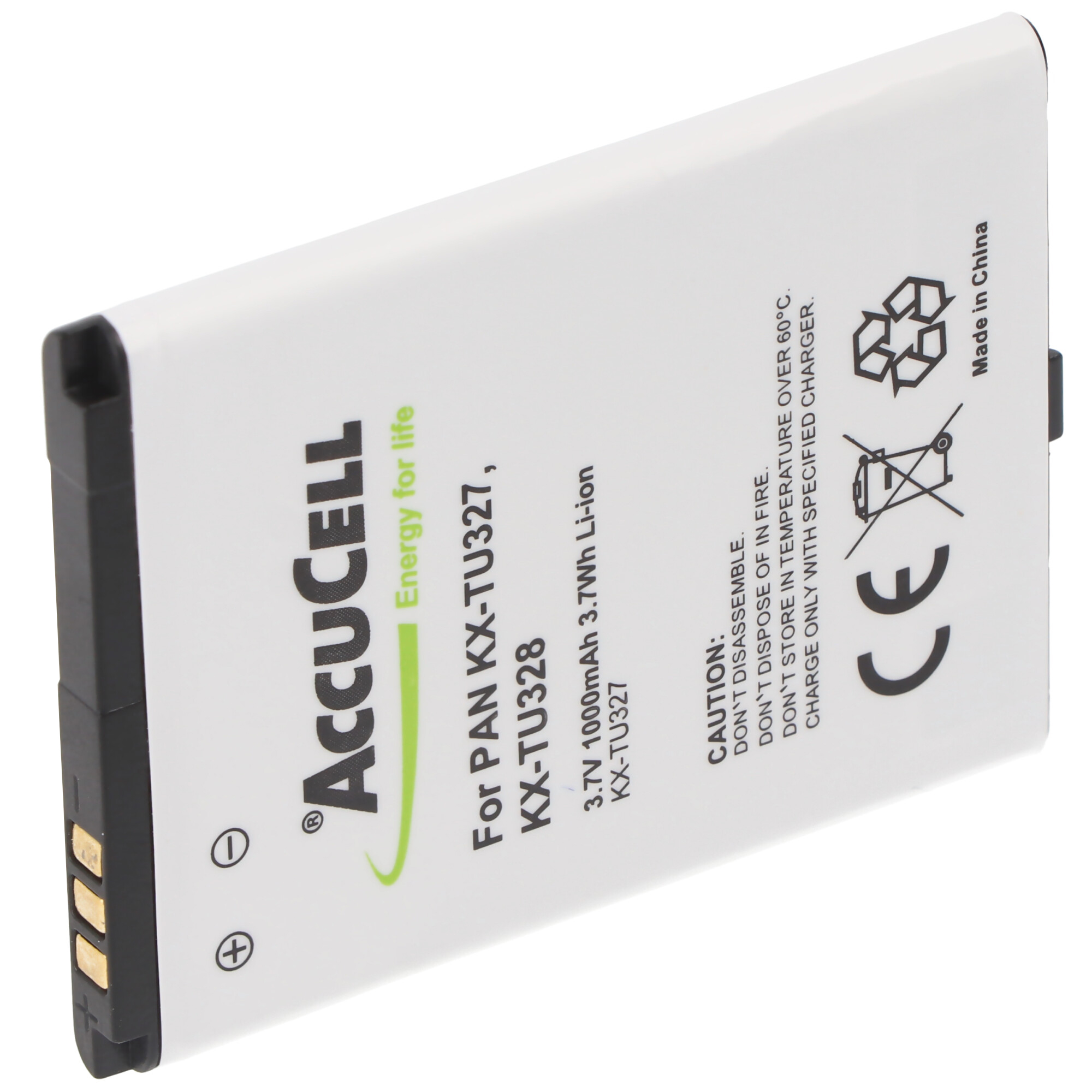 Witte en zwarte rechthoekige batterij met tekst, hoeken en symbolen.
