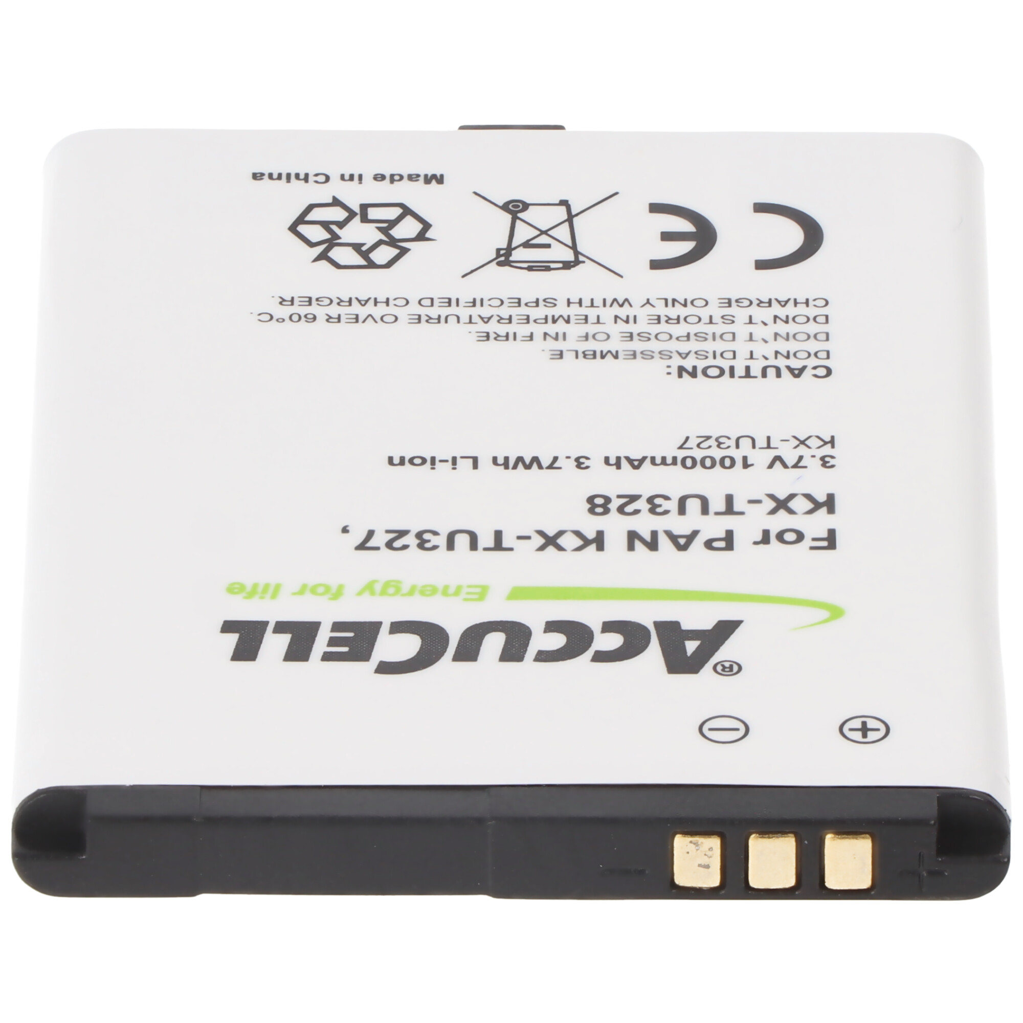 Witte telefoonbatterij met tekst en symbolen, zwarte en gouden connectoren.