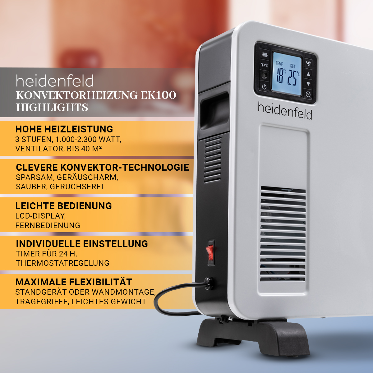 Heidenfeld Heizung, weiß mit schwarzen Akzenten, Digitaldisplay, roter Schalter, Text.