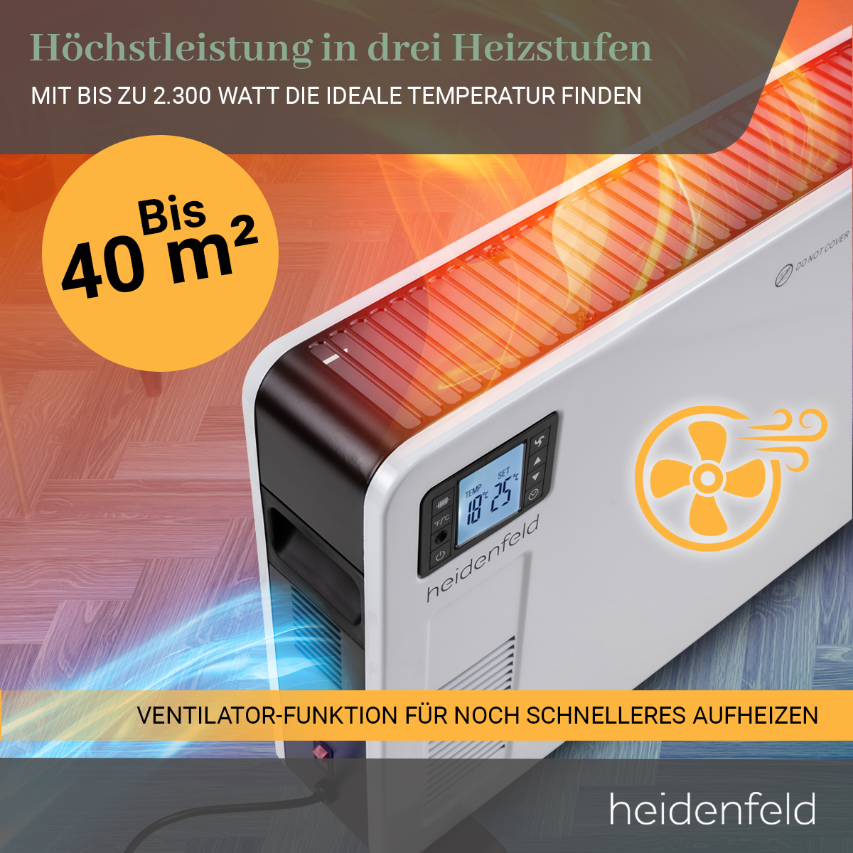 Ein weiß-schwarzer Heizlüfter mit Digitalanzeige, Lüfter und Text, mit einem hellorangenen Label.