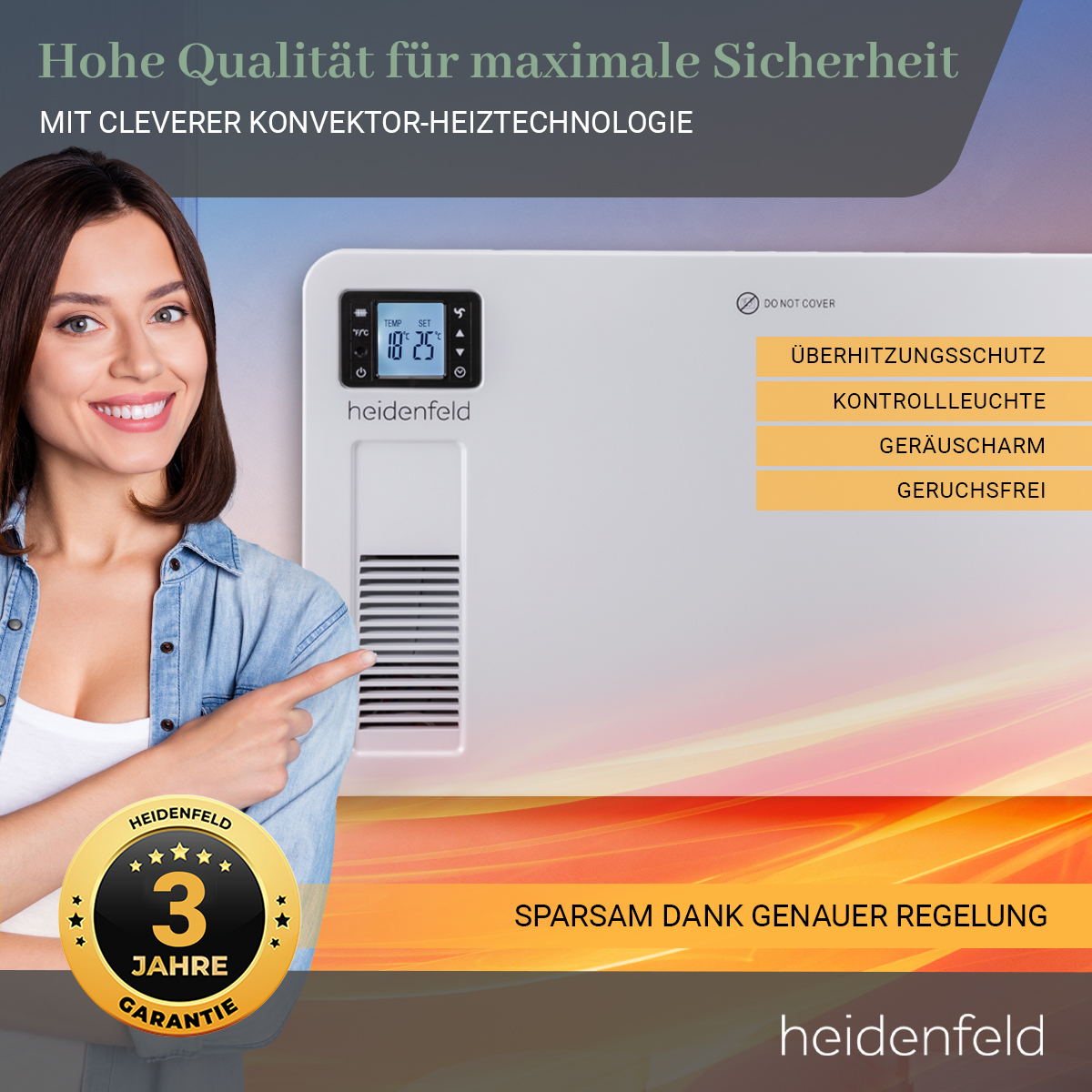 HEIDENFELD EK100 | Heizung bis 40 m² - Timer - Konvektor (2300 Watt, Raumgröße: 40 m²)