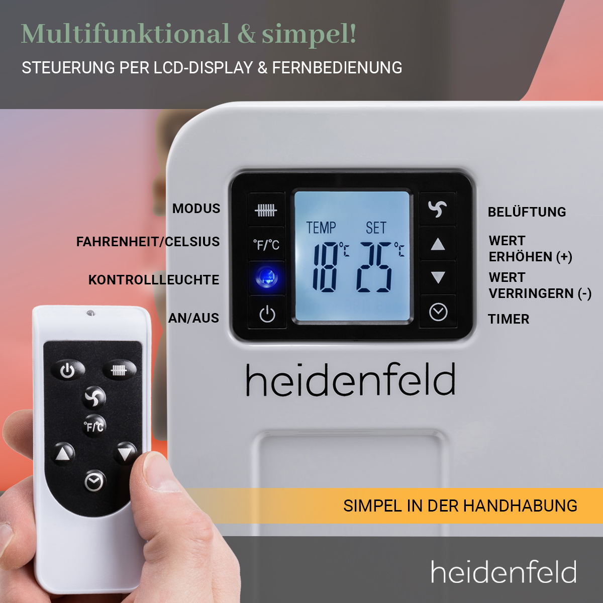 Weißes Digitaldisplay mit Fernbedienung und Hand, die die Fernbedienung hält.