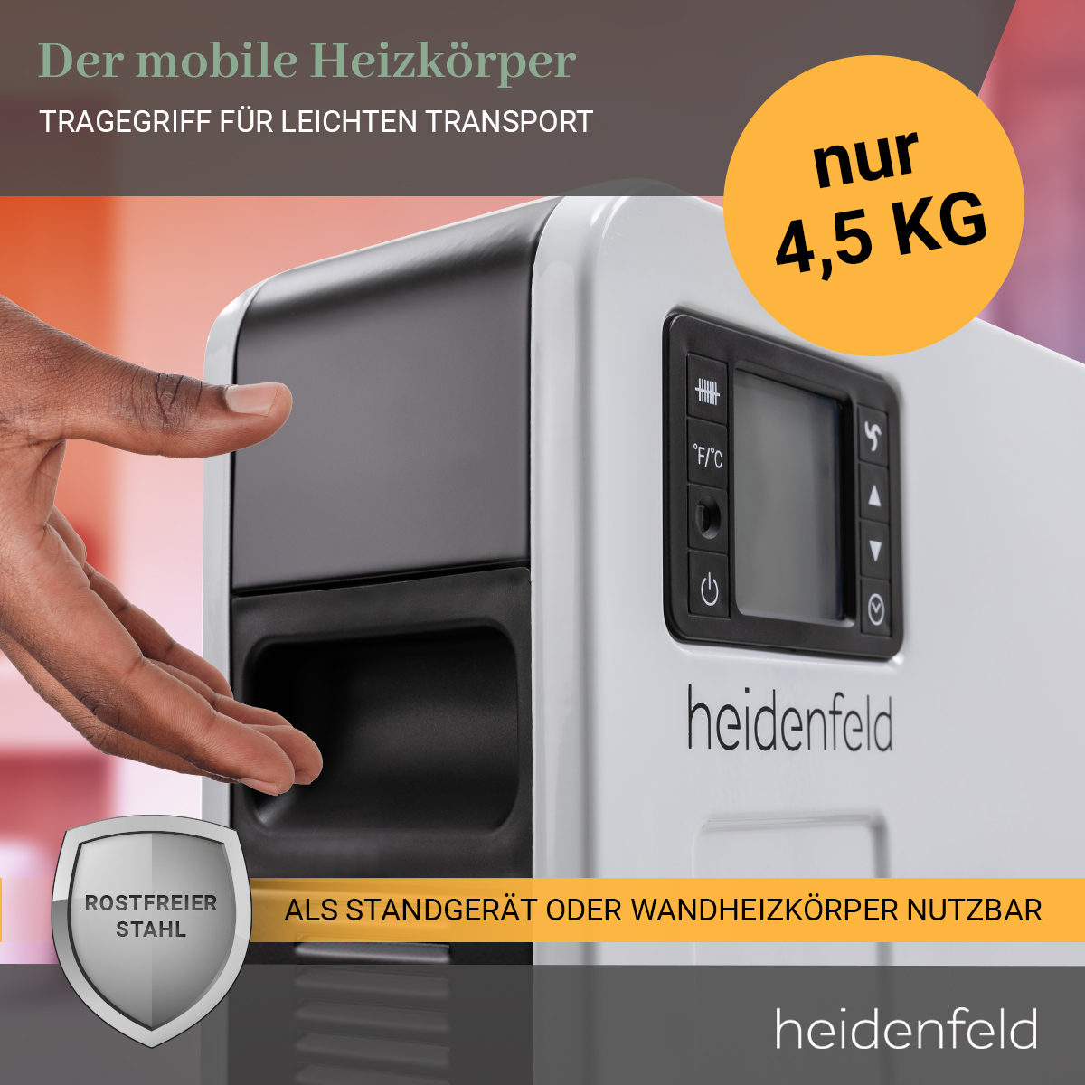 Weiß-schwarze Heizung mit Bedienfeld, schwarzen Details und Text.