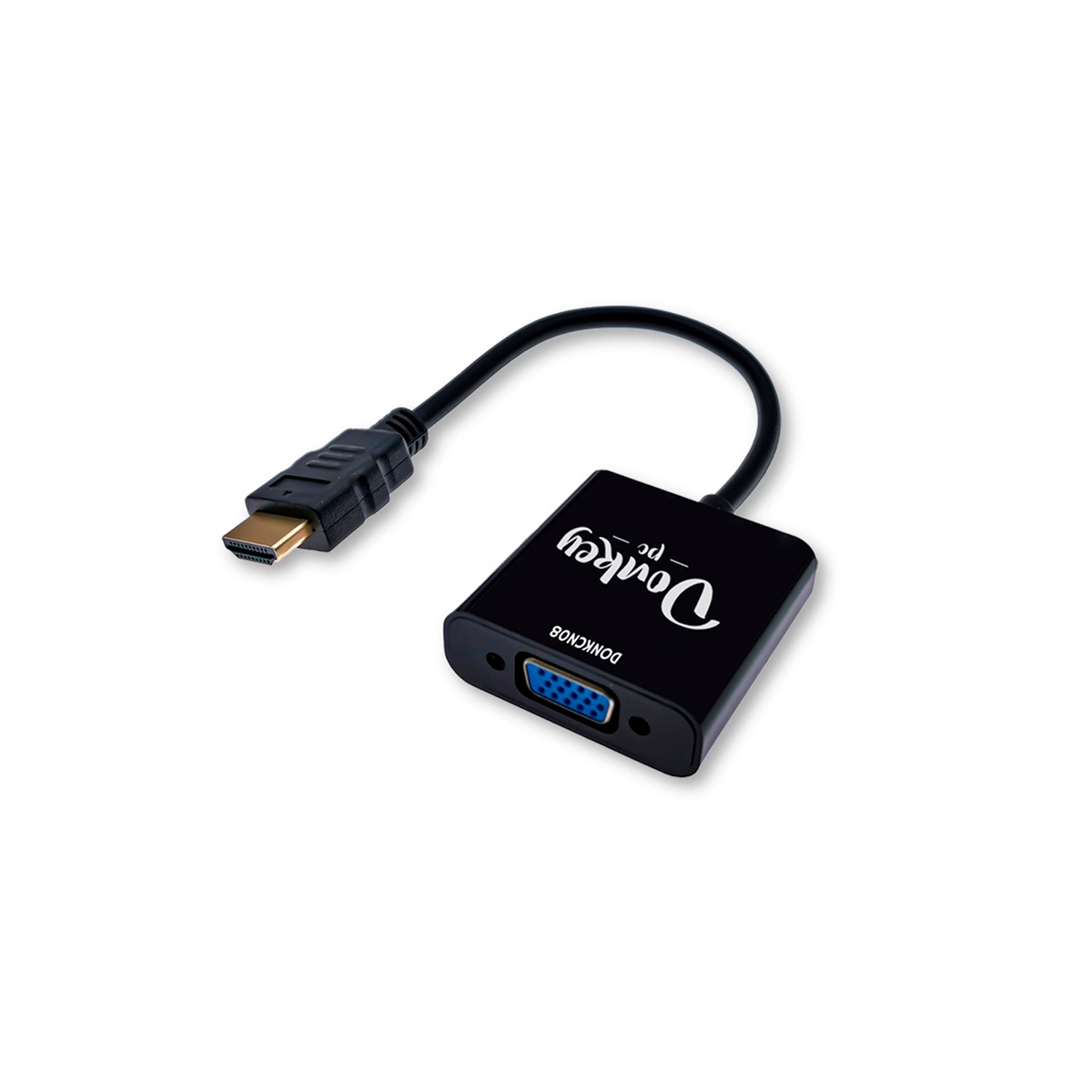 Adaptador HDMI a VGA negro con cable, sobre una superficie blanca.