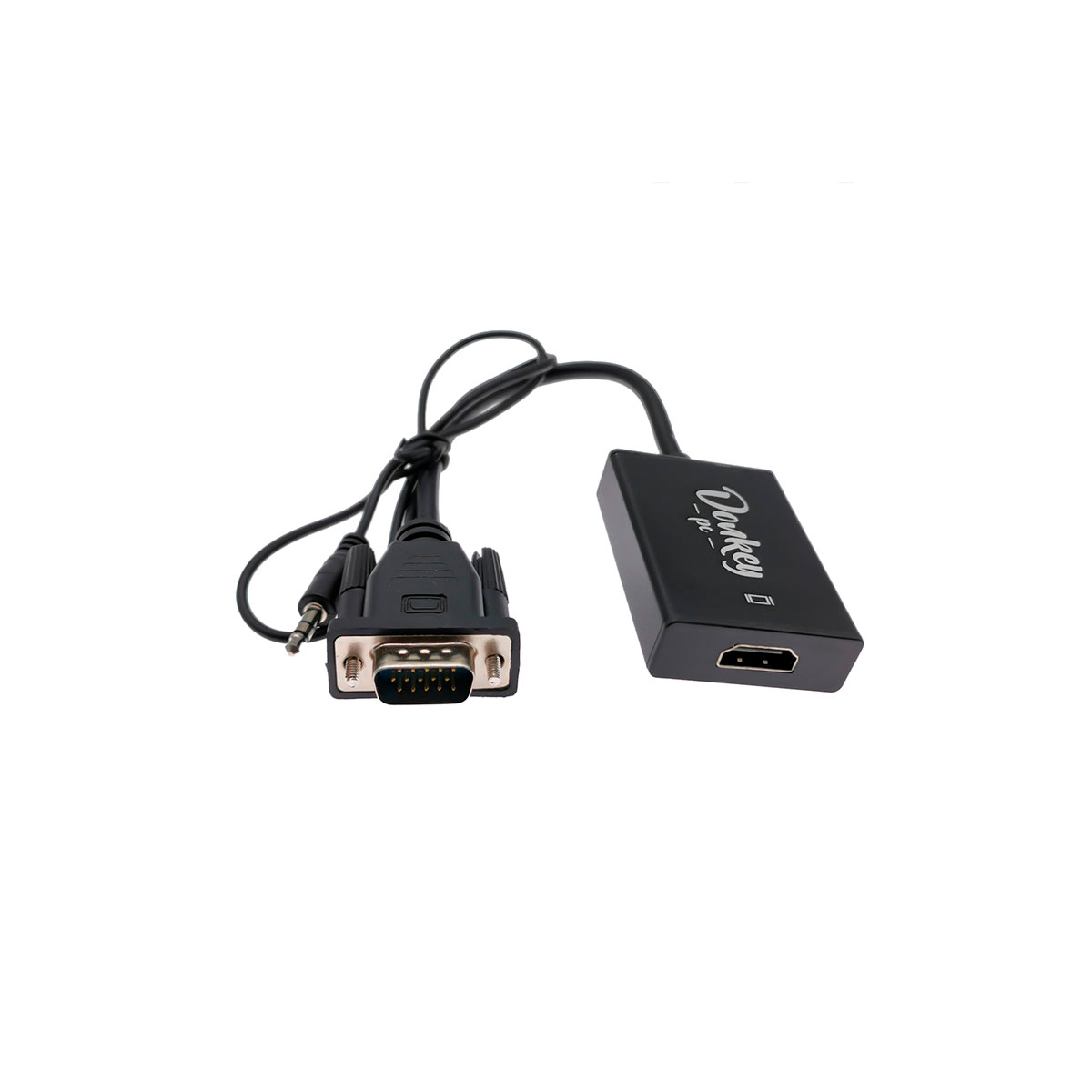 Un cable adaptador VGA a HDMI negro con conector de audio de 3.5 mm.