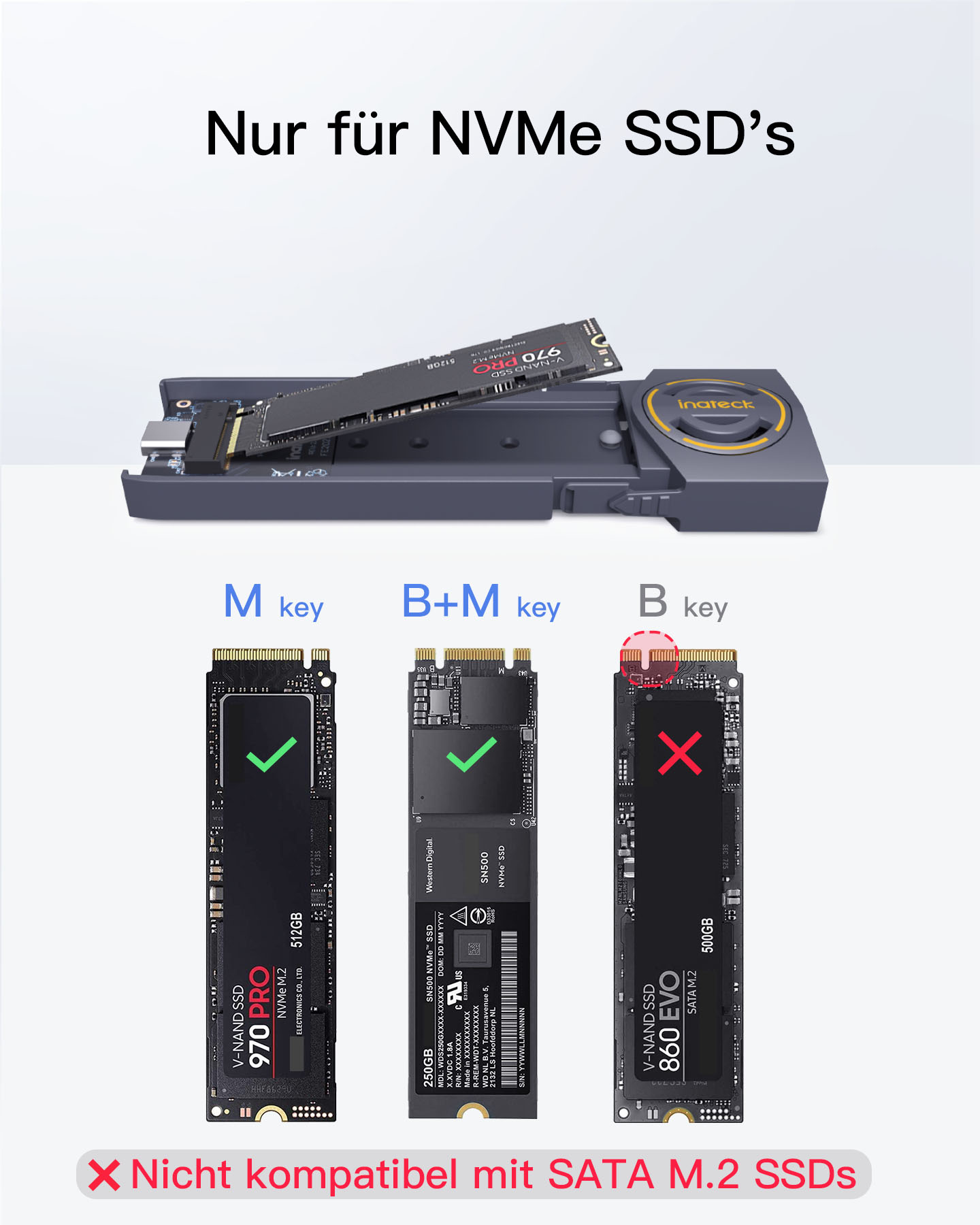 Bild mit Text, SSDs und einem schwarzen Leser. Der Text lautet: „Nur für NVMe SSDs“.