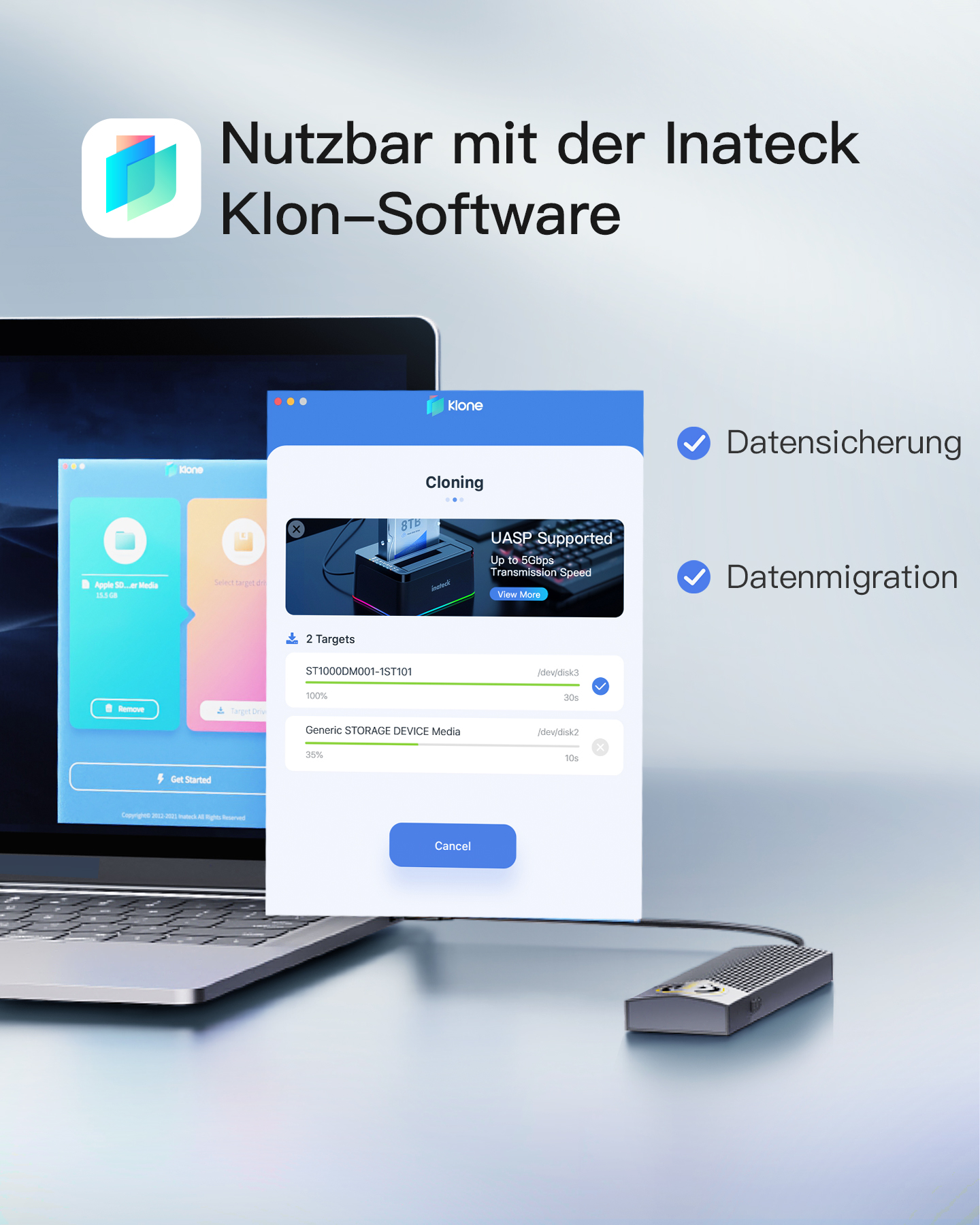 Ein Laptop, der eine Datentransfer-Software-Oberfläche zeigt. Ein Klonvorgang ist im Gange und überträgt Daten auf ein Gerät.