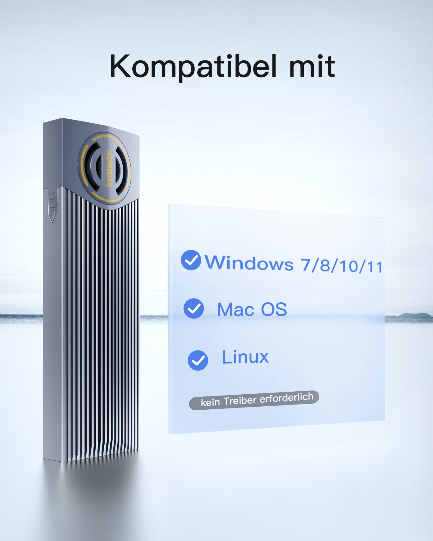 Silbernes Gerät mit Bildschirm, der Kompatibilität mit Windows, Mac OS und Linux zeigt.