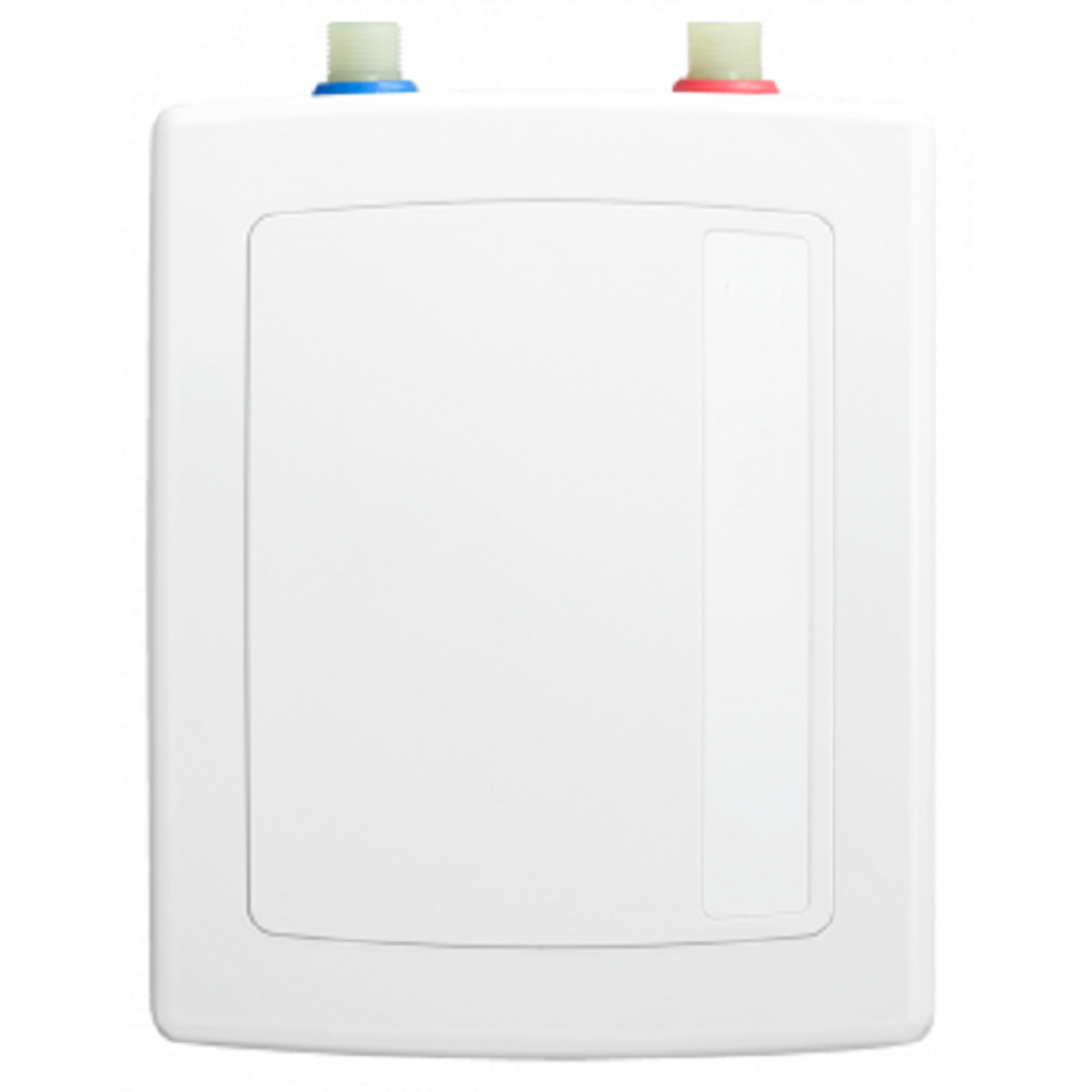 Scaldabagno rettangolare bianco con porte di collegamento blu e rosse in alto. Isolato su bianco.