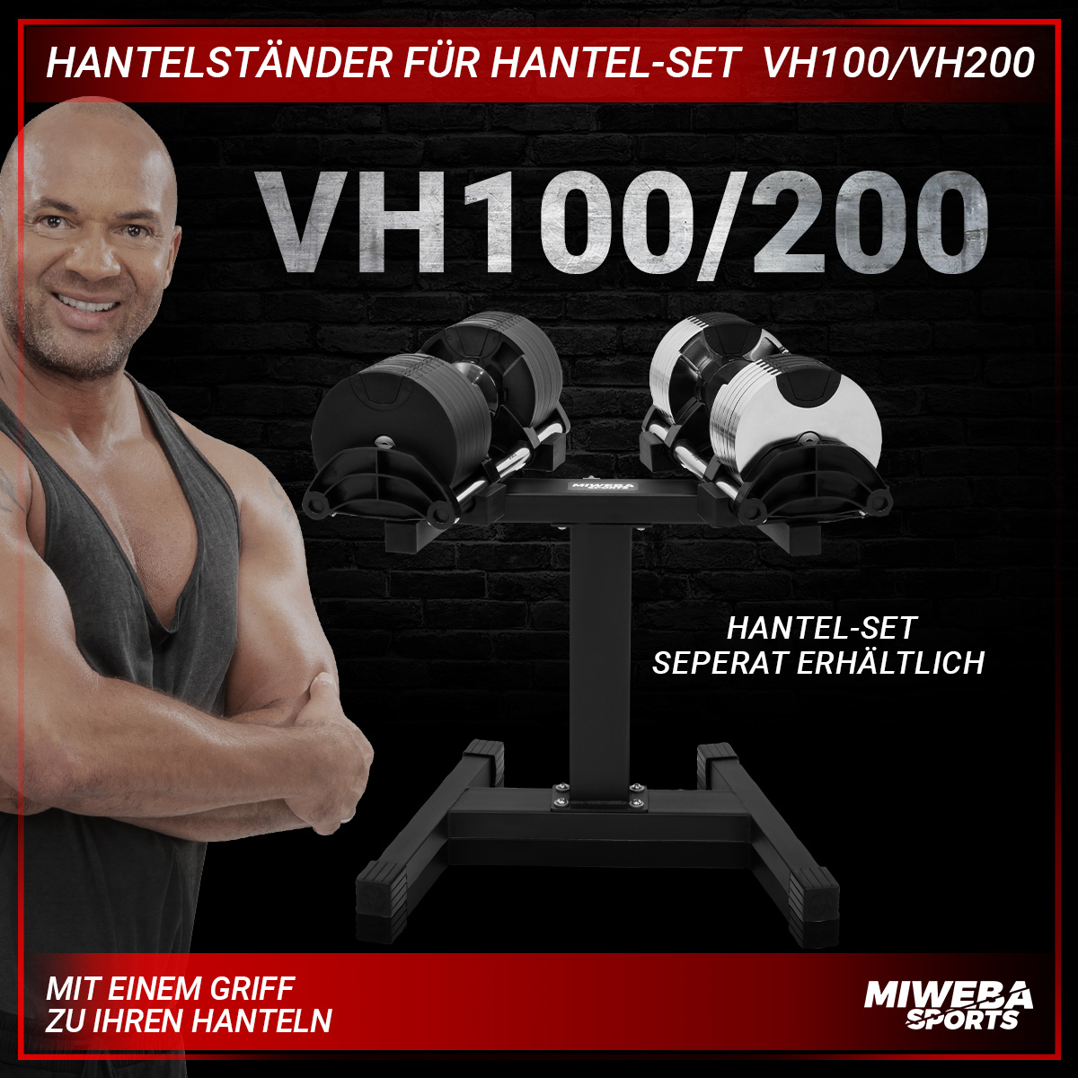 Ein Mann steht neben einem schwarzen Hantelständer, Fitnessgerät.