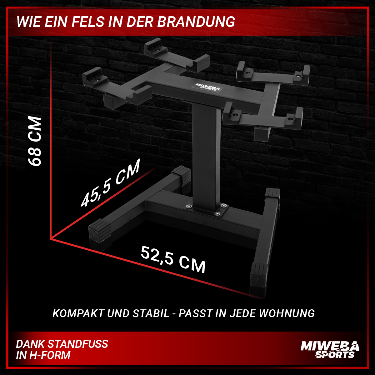 Schwarzer Gewichtsstand mit Abmessungen, auf schwarzem Hintergrund.
