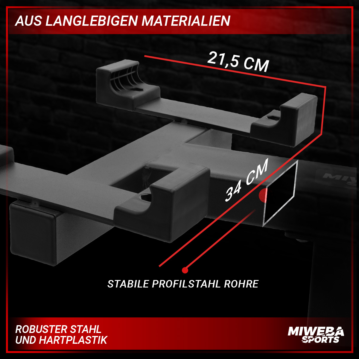 Schwarzes Metall-Gewichtregal, mit Abmessungen und Text, auf schwarzem Hintergrund.